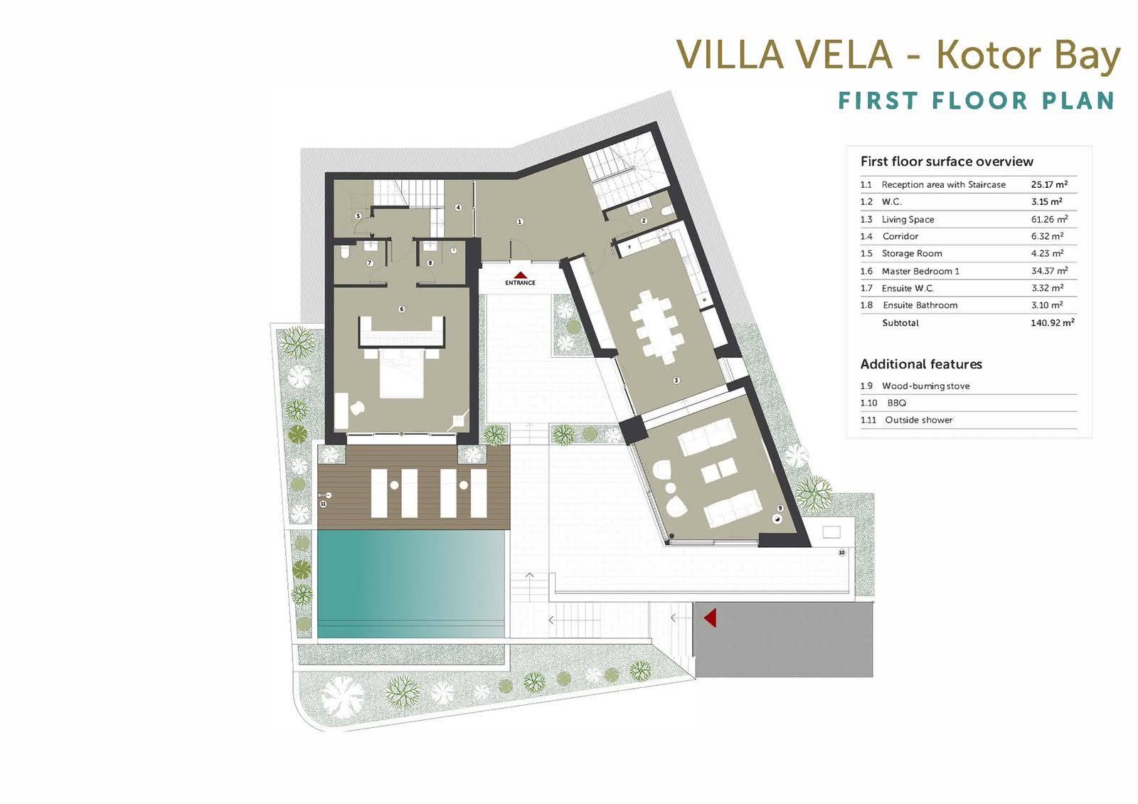 Karadağ, Kotor Körfezi’ndeki Villa Vela villasının birinci kat planı: oturma odası, yatak odası ve havuz.