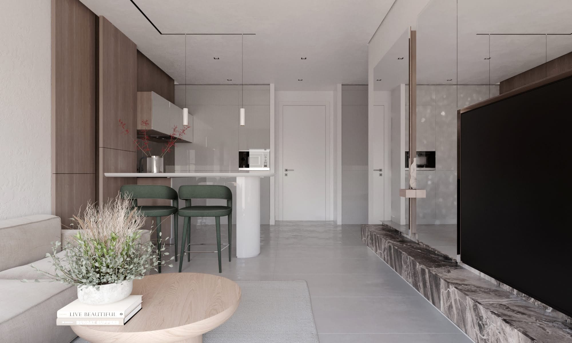 Modernes Wohnzimmer mit Küche im ЖК Tivat, Montenegro: stilvolles Interieur, Bartheke, Marmorverkleidung und TV-Bereich.
