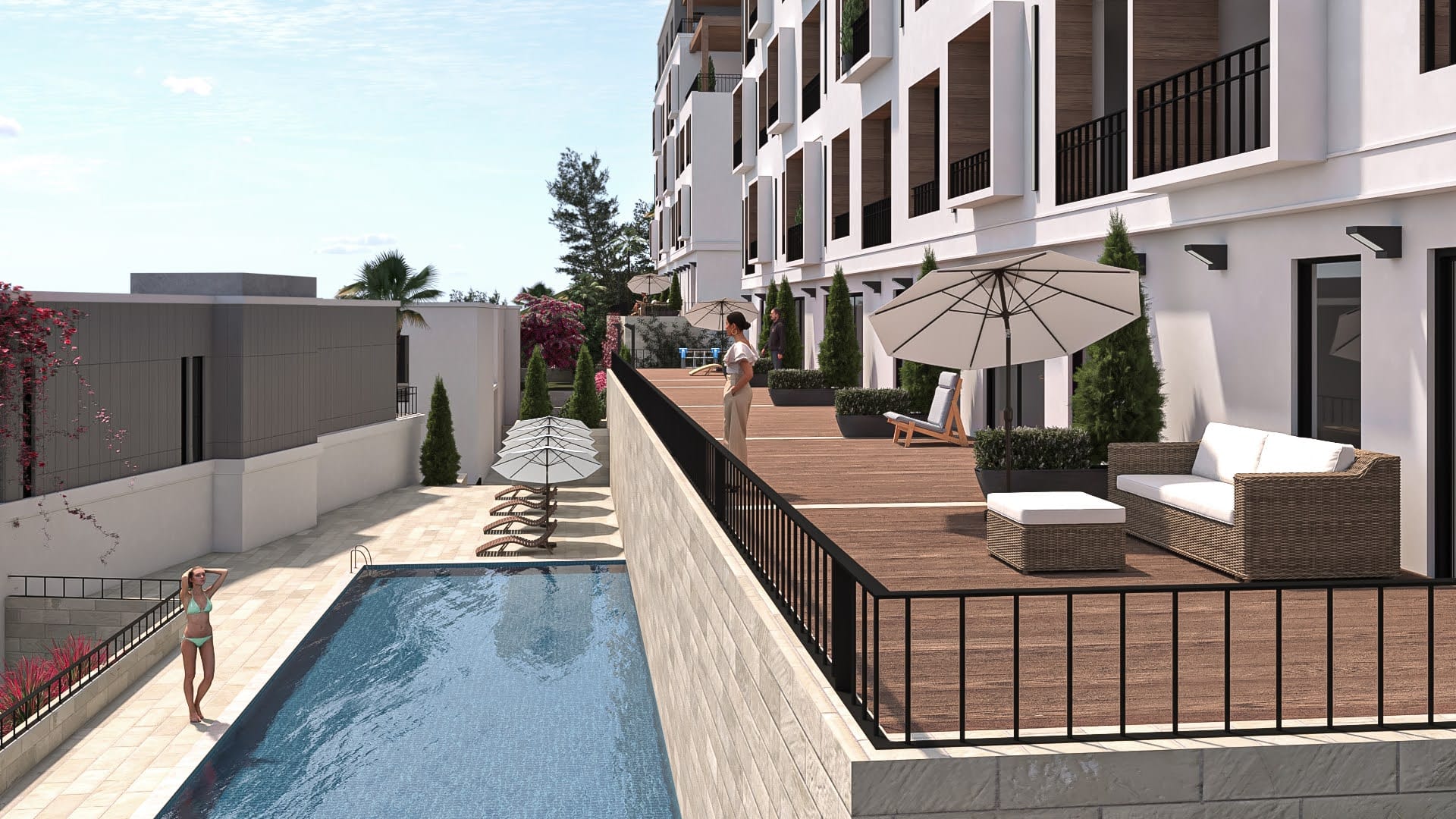 Moderner Wohnkomplex in Tivat, Montenegro: offene Terrasse mit Möbeln und privater Pool am Haus.