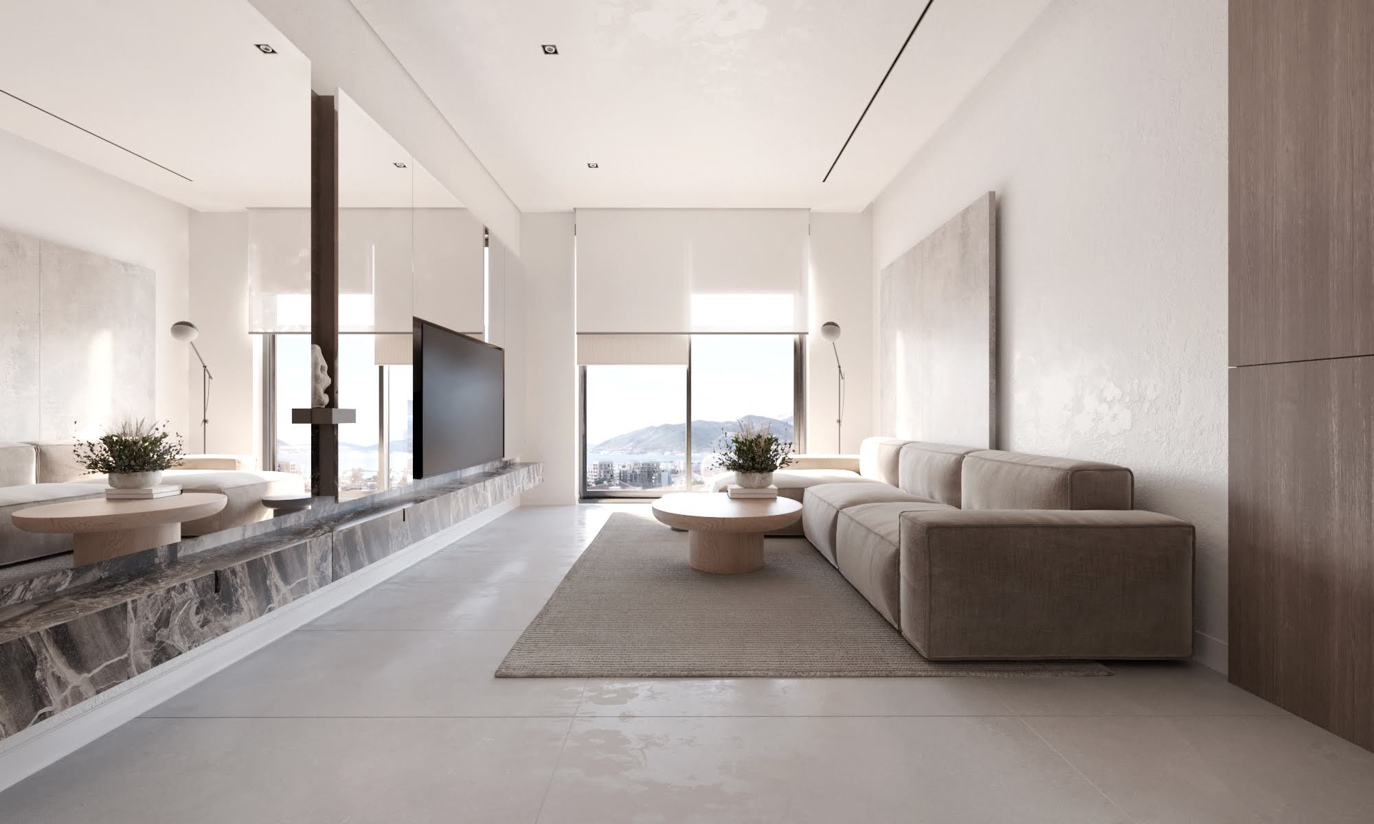 Modernes Wohnzimmer im ЖК Tivat, Montenegro: beiges Sofa, Marmor-TV-Konsole und Panoramablick auf das Meer.