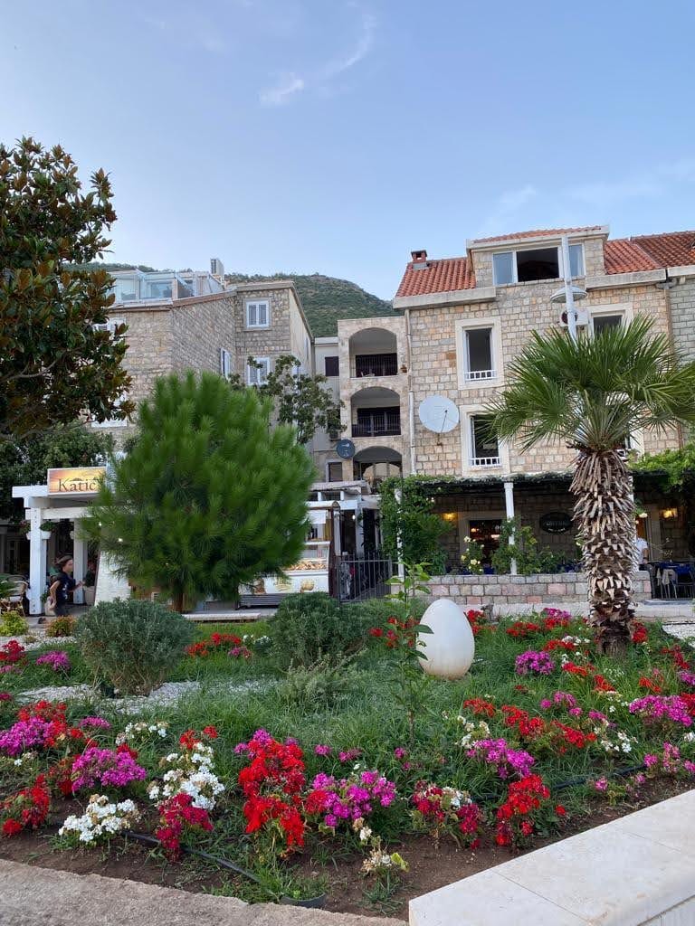 Widok na kamienny kompleks mieszkalny z kwitnącym ogrodem i palmą w mieście Petrovac, Czarnogóra. Apartament w Petrovac nr 2128.