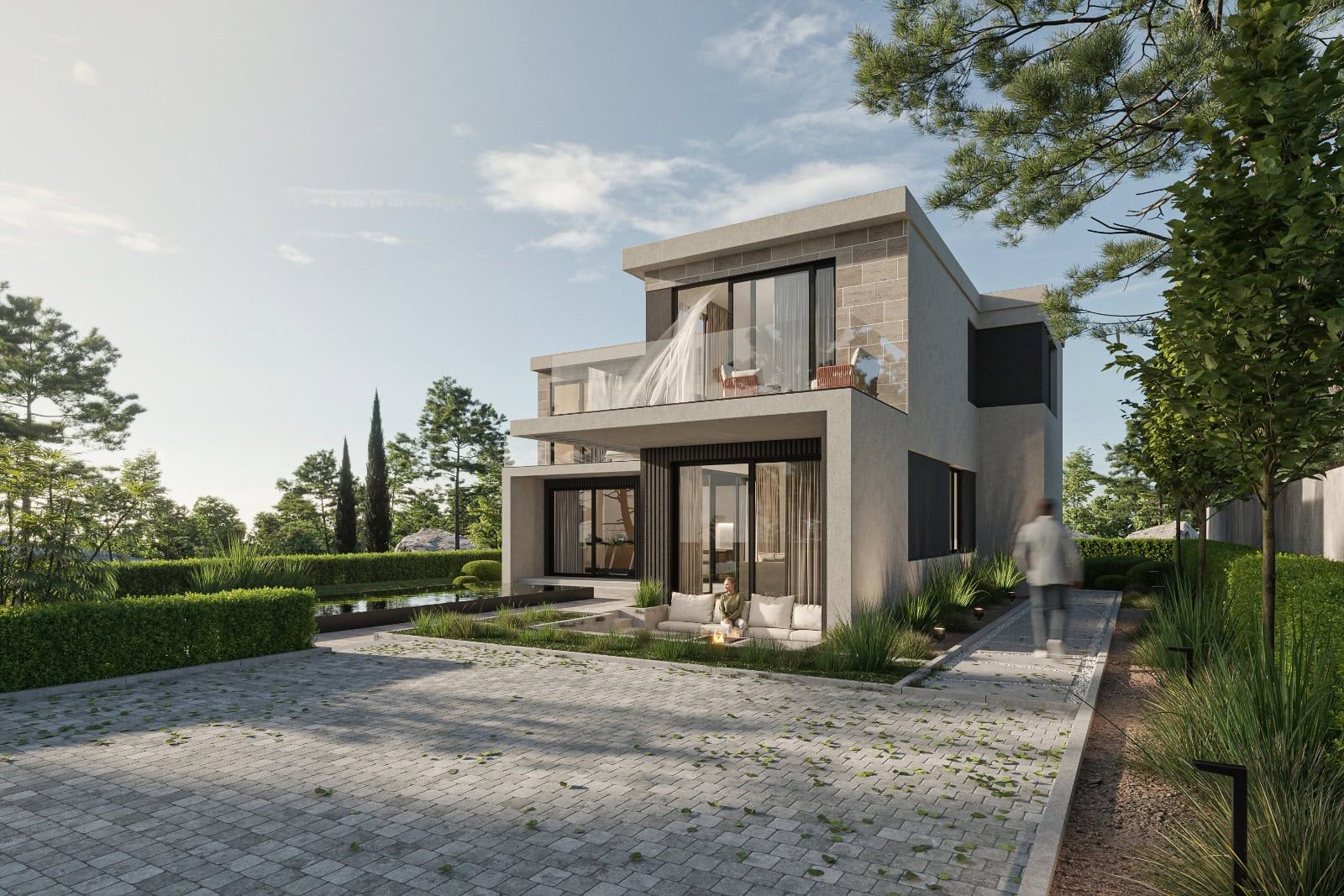 Karadağ, Krimovitsa’da teraslı ve havuzlu modern iki katlı villa: panoramik pencereli evin dış cephesi.