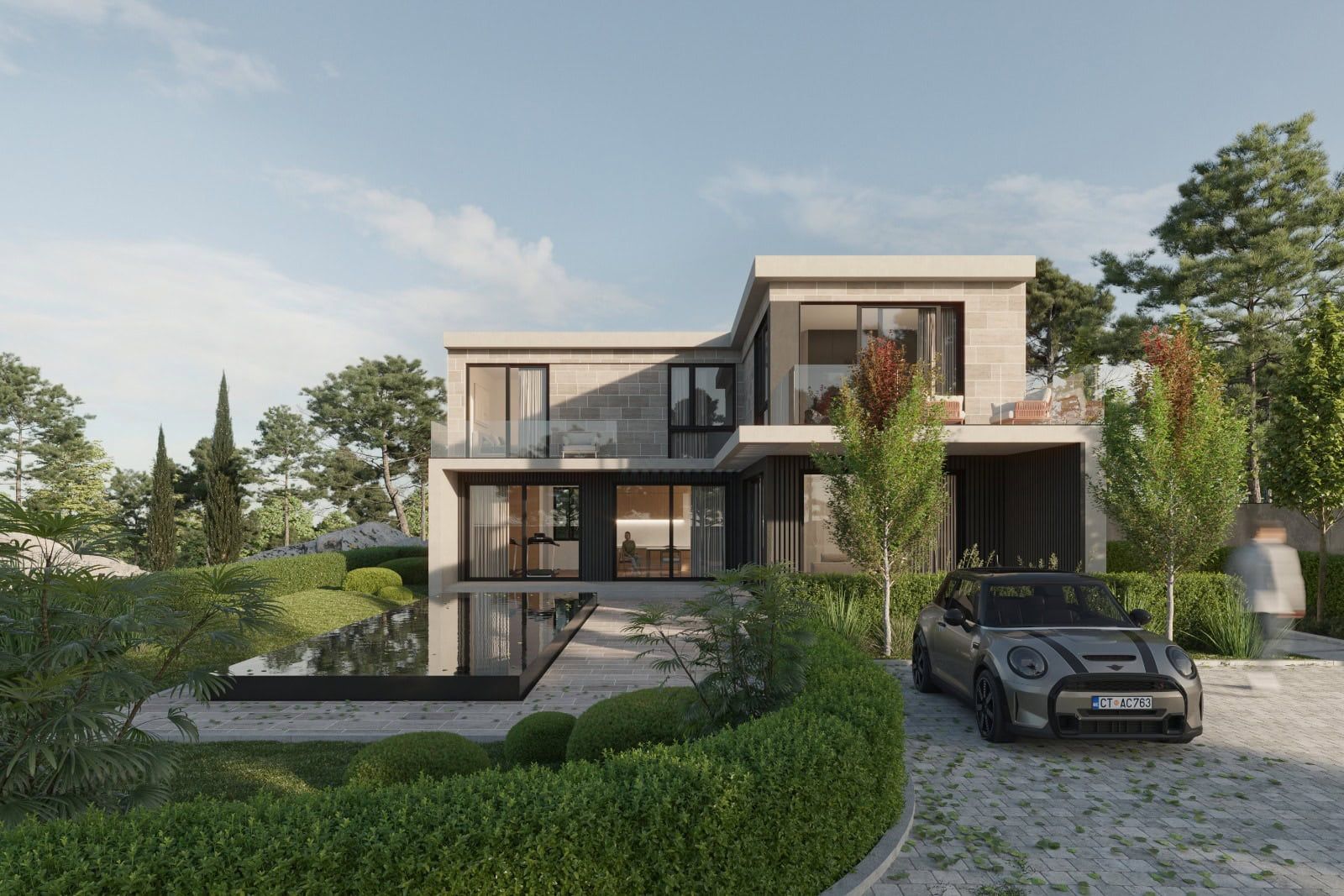 Karadağ, Krimovitsa’da modern villa: havuzlu, panoramik pencereli ve girişte otoparkı olan iki katlı ev.