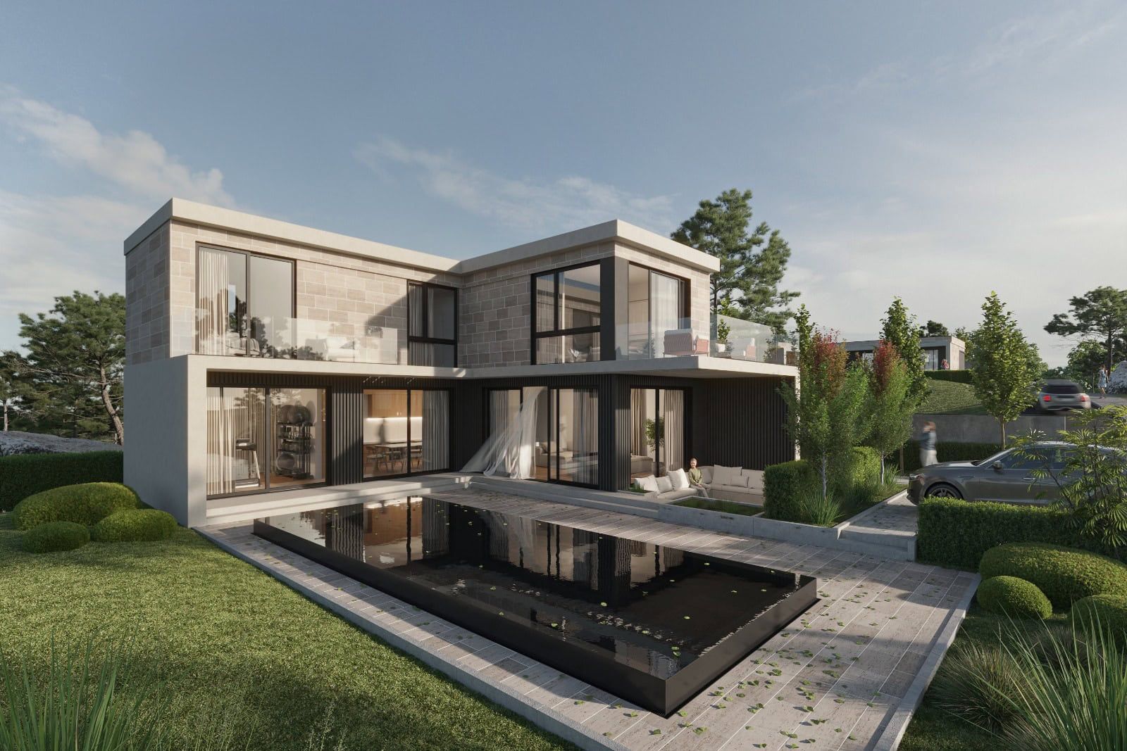 Karadağ, Krimovitsa’da havuzlu modern iki katlı villa: panoramik pencereler, teras ve peyzaj düzenlemesi.