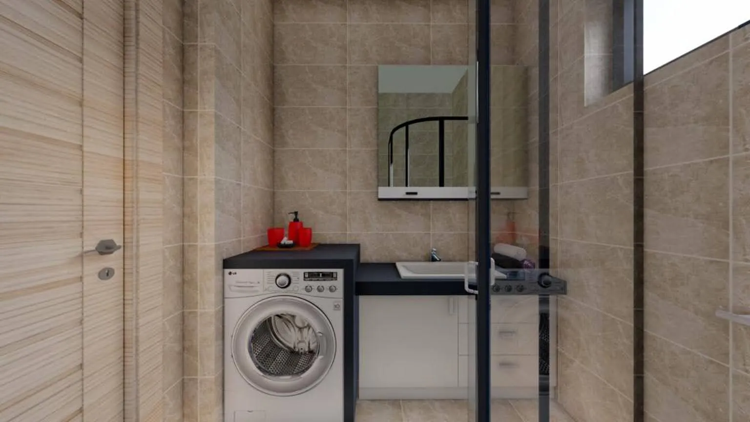 Salle de bain moderne avec machine à laver blanche, lavabo et carrelage beige dans un complexe résidentiel à Dobra Voda, Monténégro