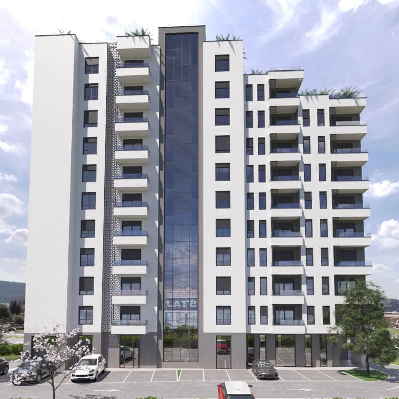 Moderner Wohnkomplex mit Panoramaverglasung und Balkonen in Bar, Montenegro. Fassade des neuen Gebäudes.