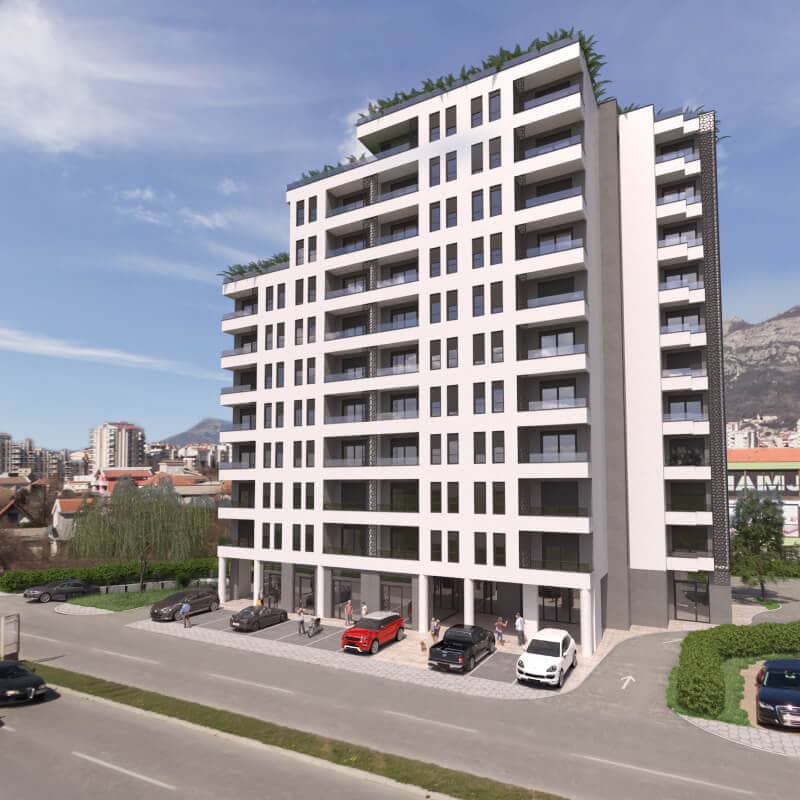 Moderner Wohnkomplex in der Stadt Bar, Montenegro: mehrstöckiges Gebäude mit Balkonen, Parkplatz und Panoramablick.