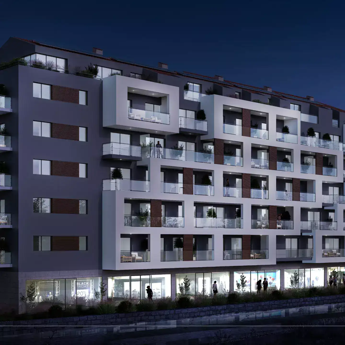 Çok katlı bir apartman binasının gece dış cephe mimari çizimi