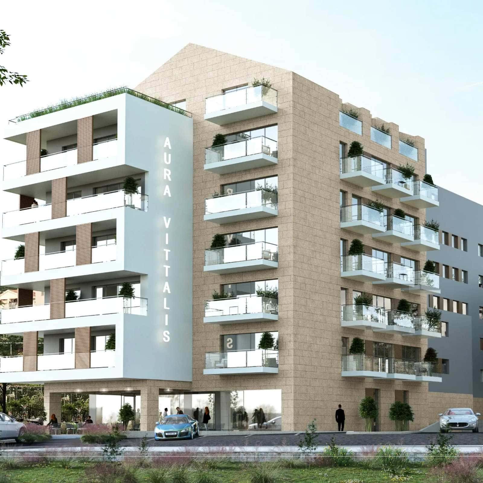 Balkonlu ve AURA VITTALIS yazılı bir konut binasının mimari görselleştirmesi.