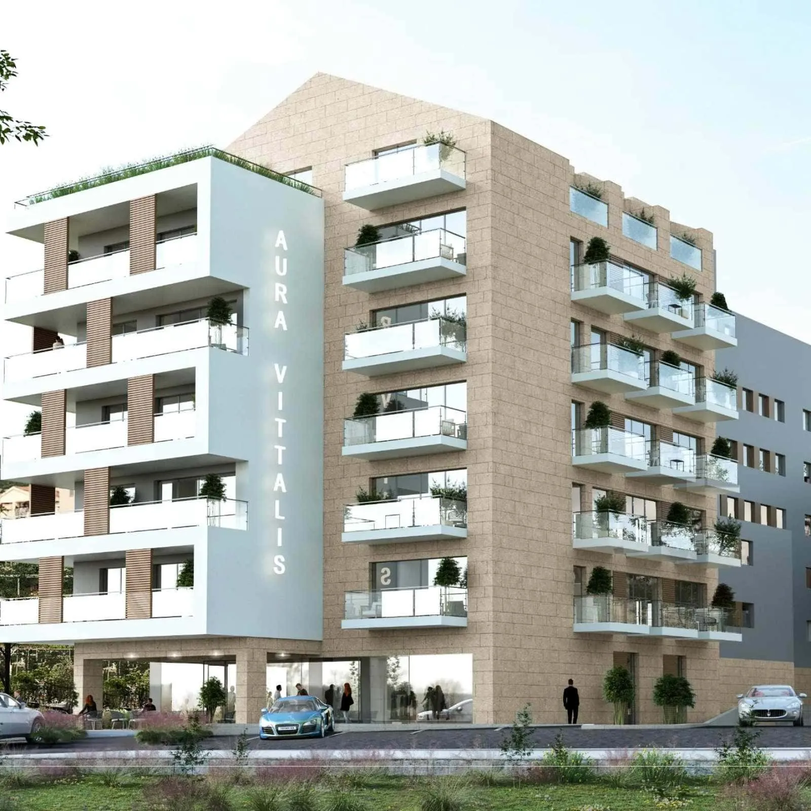 Architectural render of a residential building with balconies and AURA VITTALIS signage.