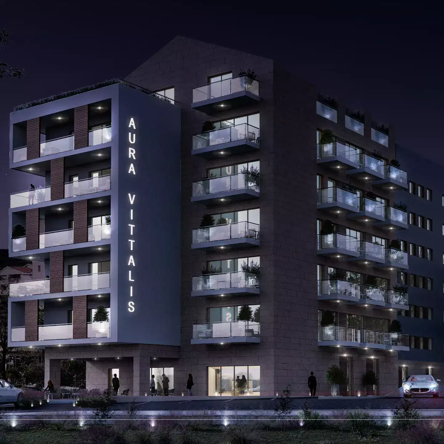 Balkonlu ve ışıklı tabelalı modern çok katlı konut binasının geceleri dış cephe görünümü.