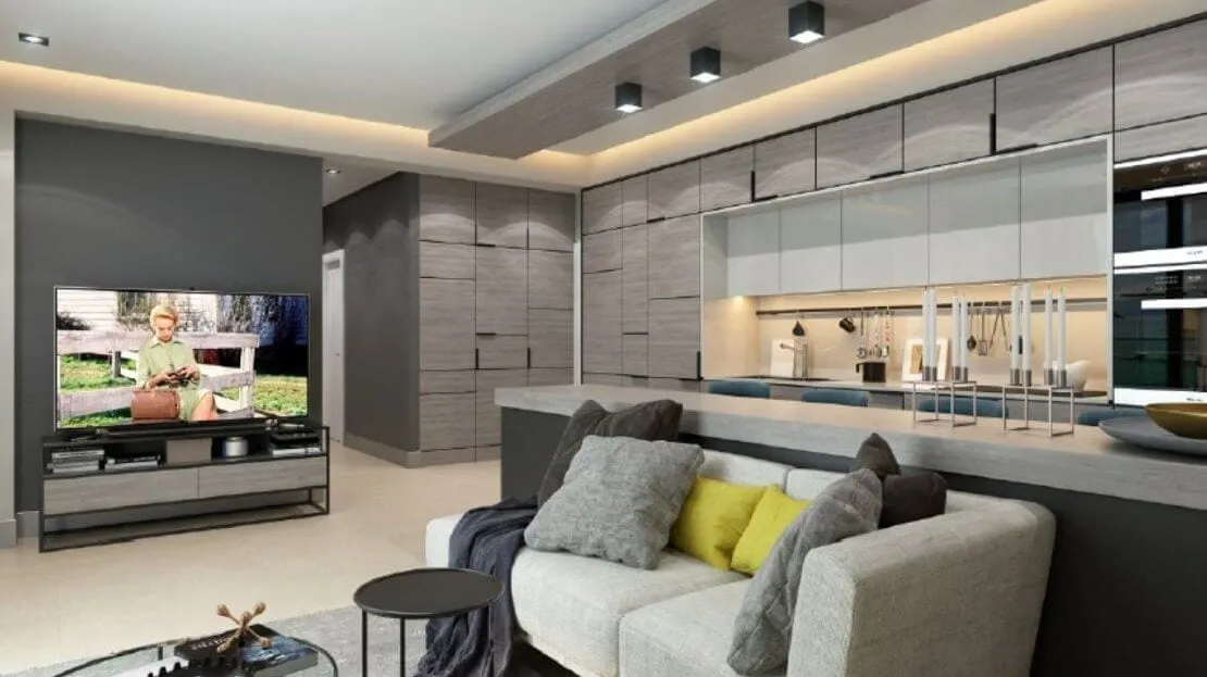 Modern living room with kitchen in an apartment in Bečići, Montenegro: light sofa, built-in furniture, and TV.
