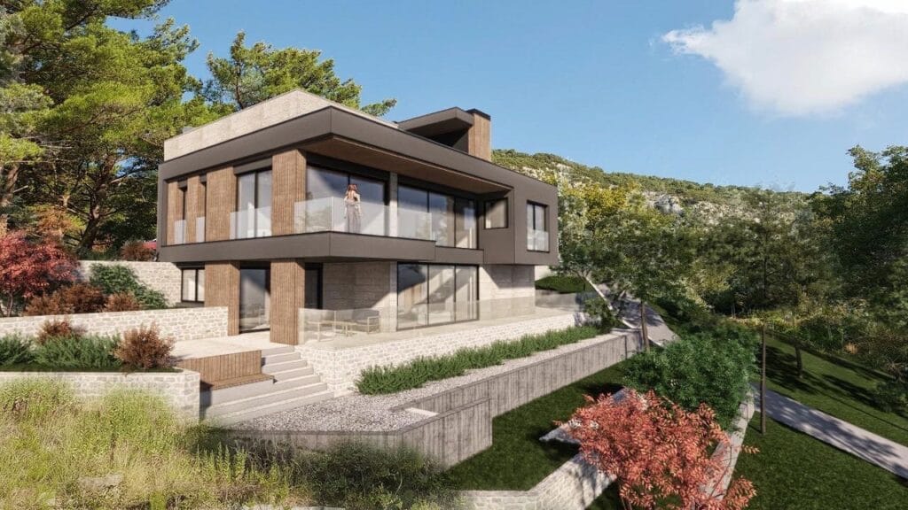 Savremena vila u Kavču, Crna Gora: dvospratna kuća sa panoramskim prozorima, terasama i kamenim oblogama fasade.