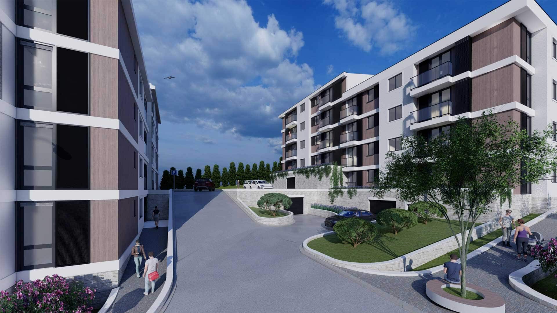 Moderner Wohnkomplex in Tivat, Montenegro: Gebäudefassade, gepflegte Außenanlage und Parkplatz am Haus.