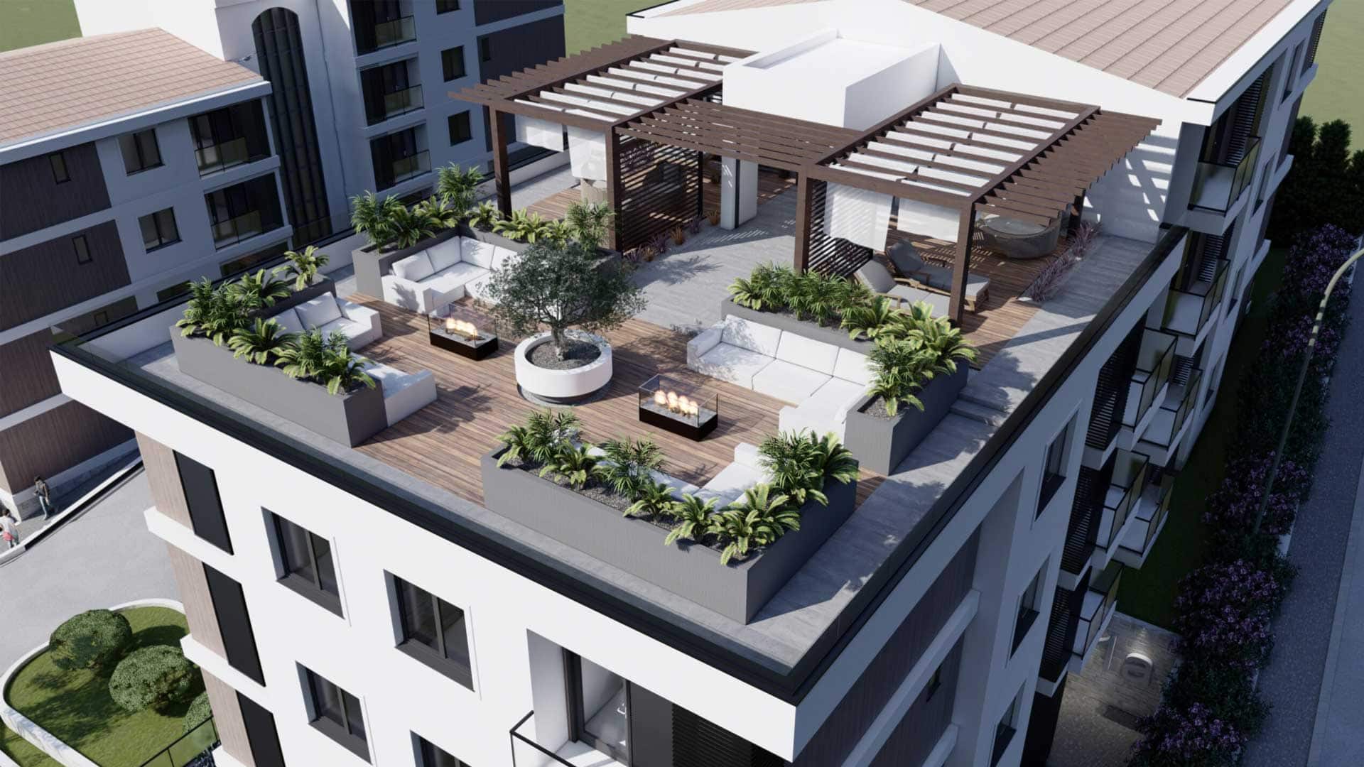 Dachterrasse eines Wohnkomplexes in Tivat, Montenegro: Ruhebereich mit Polstermöbeln, Pergola und Außenkaminen.