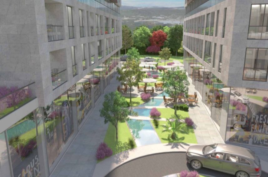 Moderner Wohnkomplex in Bar, Montenegro: gepflegter Innenhof mit Landschaftsgestaltung und Pool.