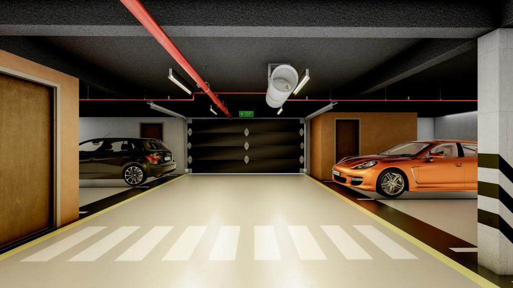Podziemny parking w kompleksie mieszkaniowym w Dobrocie, Czarnogóra: nowoczesne miejsca parkingowe z oznakowaniem i oświetleniem.