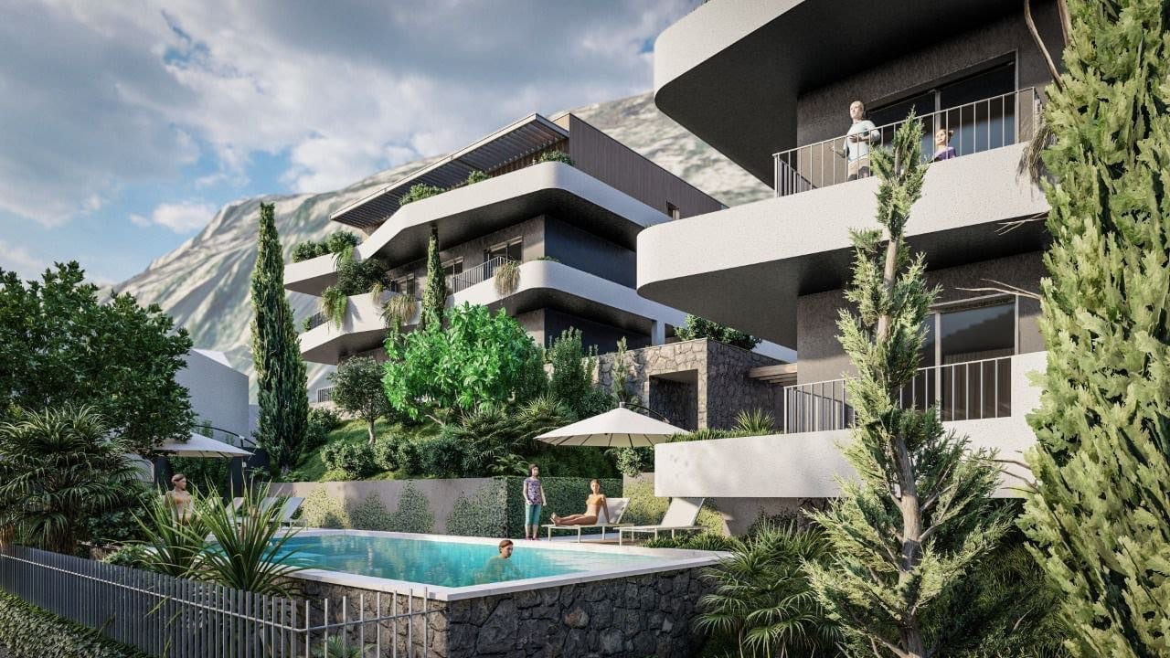 Nowoczesny kompleks mieszkaniowy z basenem i widokiem na góry w Dobrocie, Czarnogóra: architektura i projekt krajobrazu.