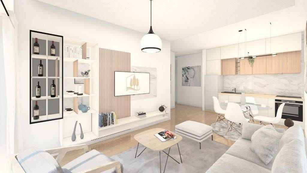 Nowoczesny salon z kuchnią w ЖК Dobrота, Czarnogóra: jasne wnętrze, stylowe meble i wykończenie drewnem.