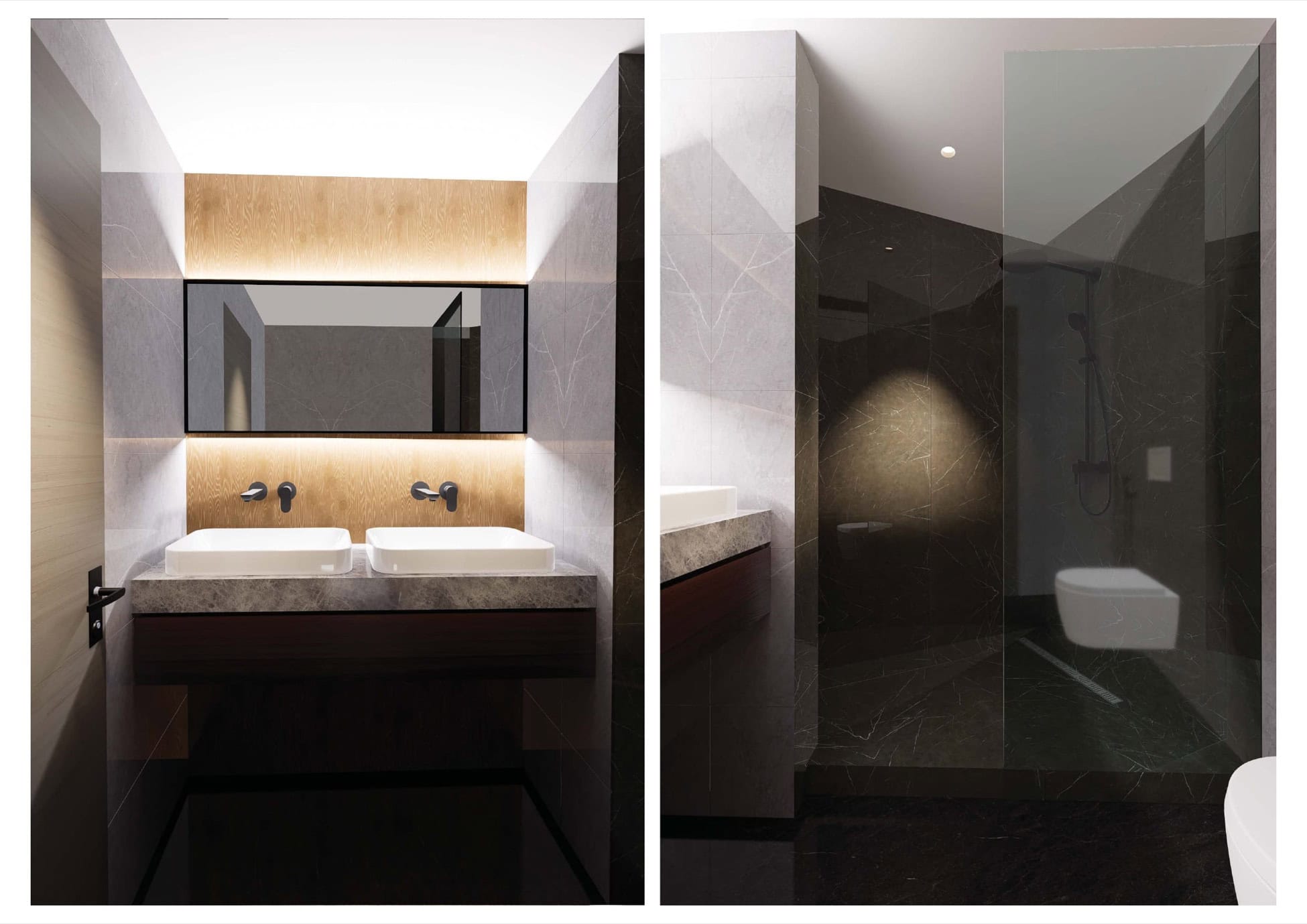 Bečići, Karadağ’daki konut kompleksinde çift lavabolu ve duşlu modern banyo: taş kaplama ve aydınlatma.