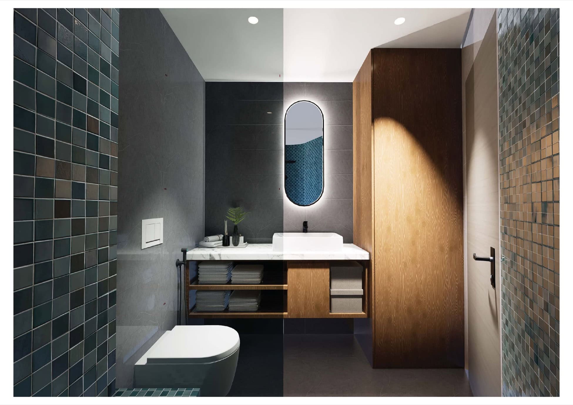Karadağ, Bečići konut kompleksinde modern banyo: şık fayans kaplaması, ahşap mobilyalar ve oval ayna.