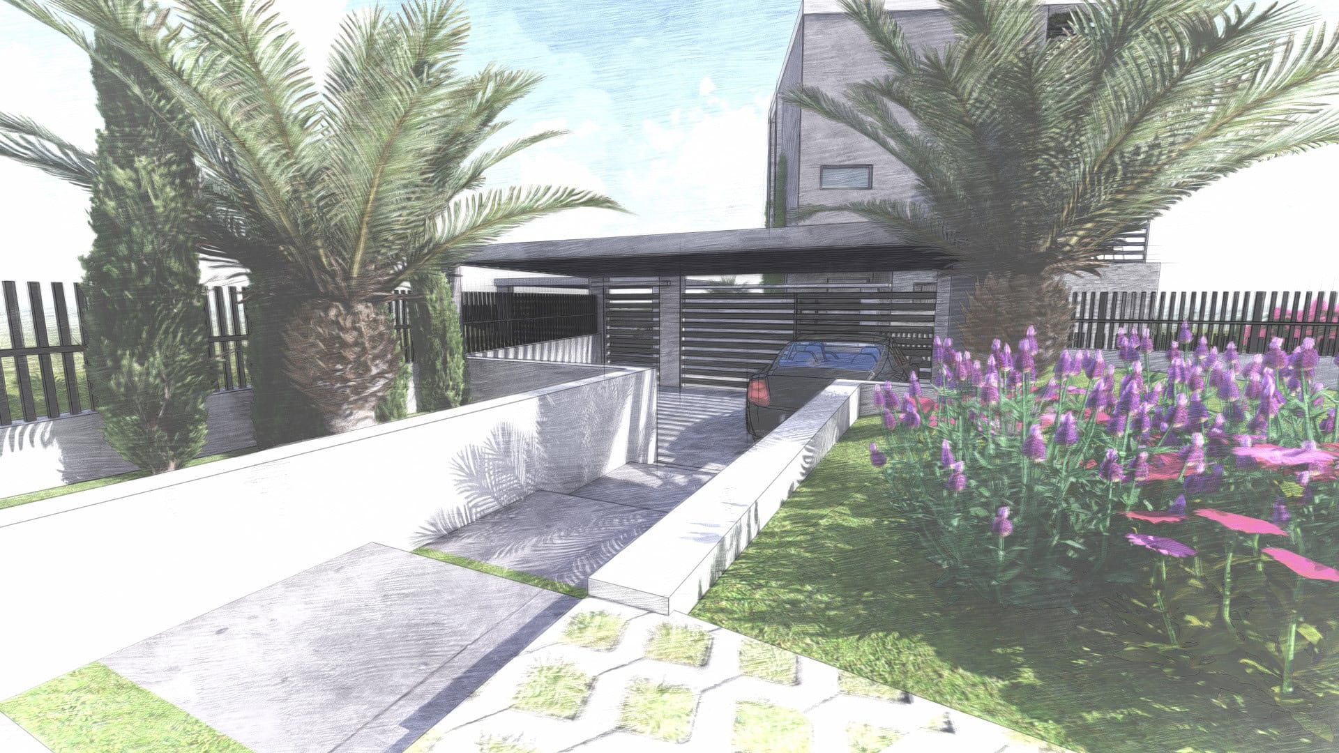 Visualisierung einer modernen Villa in Tivat, Montenegro: privater Parkplatz, Landschaftsgestaltung mit Palmen und Blumen.