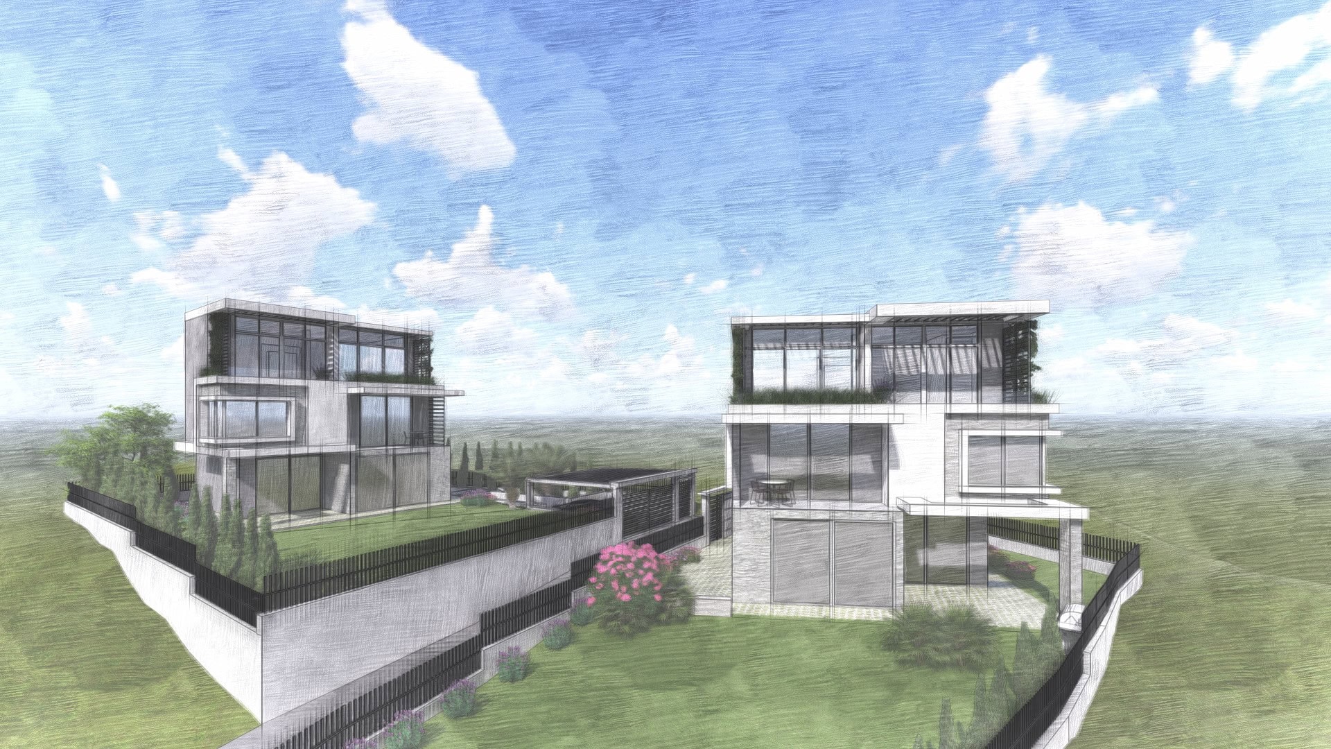 Architekturprojekt moderner Villen mit Panoramafenstern und Terrassen in Tivat, Montenegro. Außenansicht.