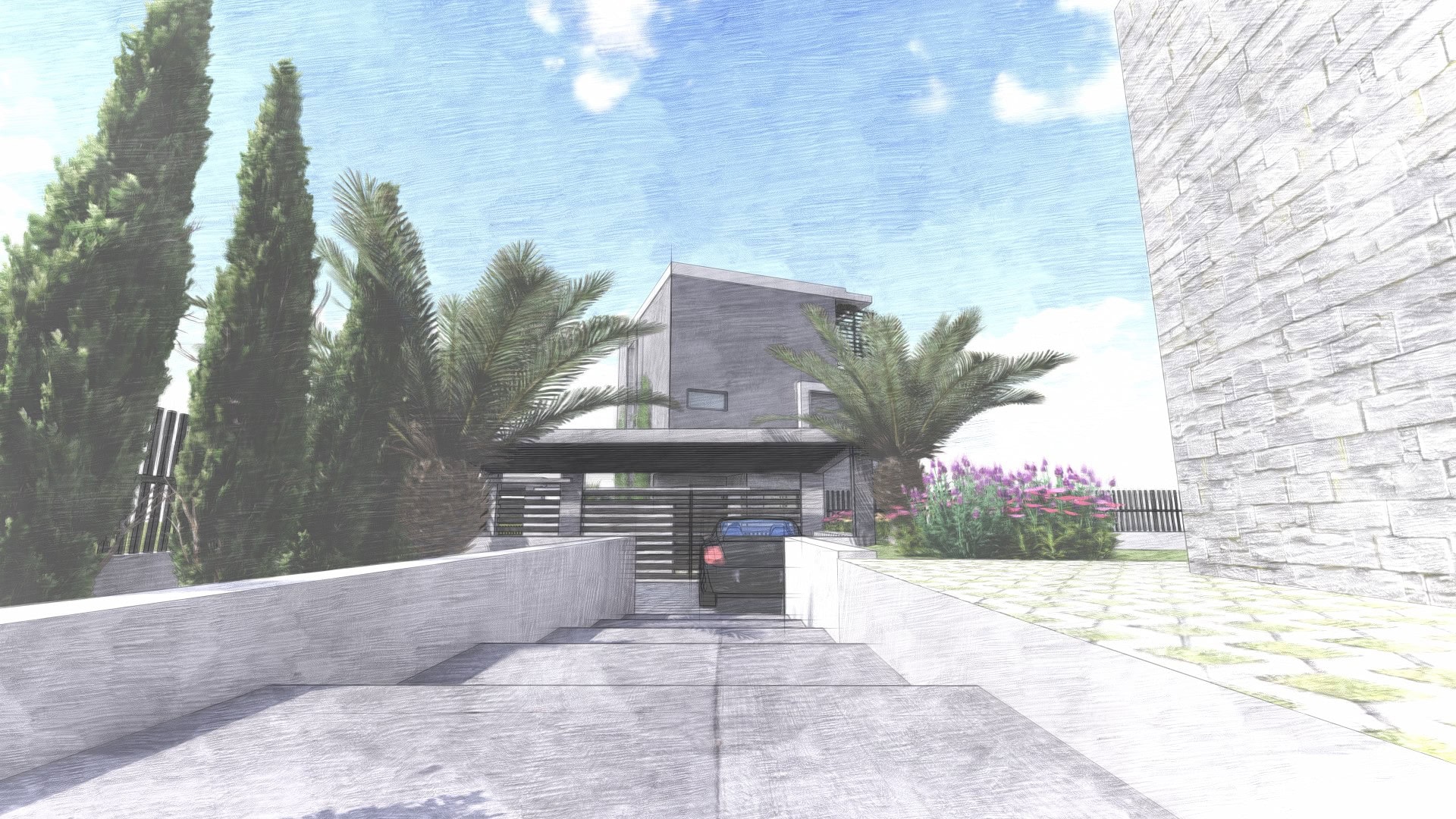 Visualisierung einer modernen Villa mit Parkplatz und Garten in Tivat, Montenegro: Architekturprojekt eines Privathauses.