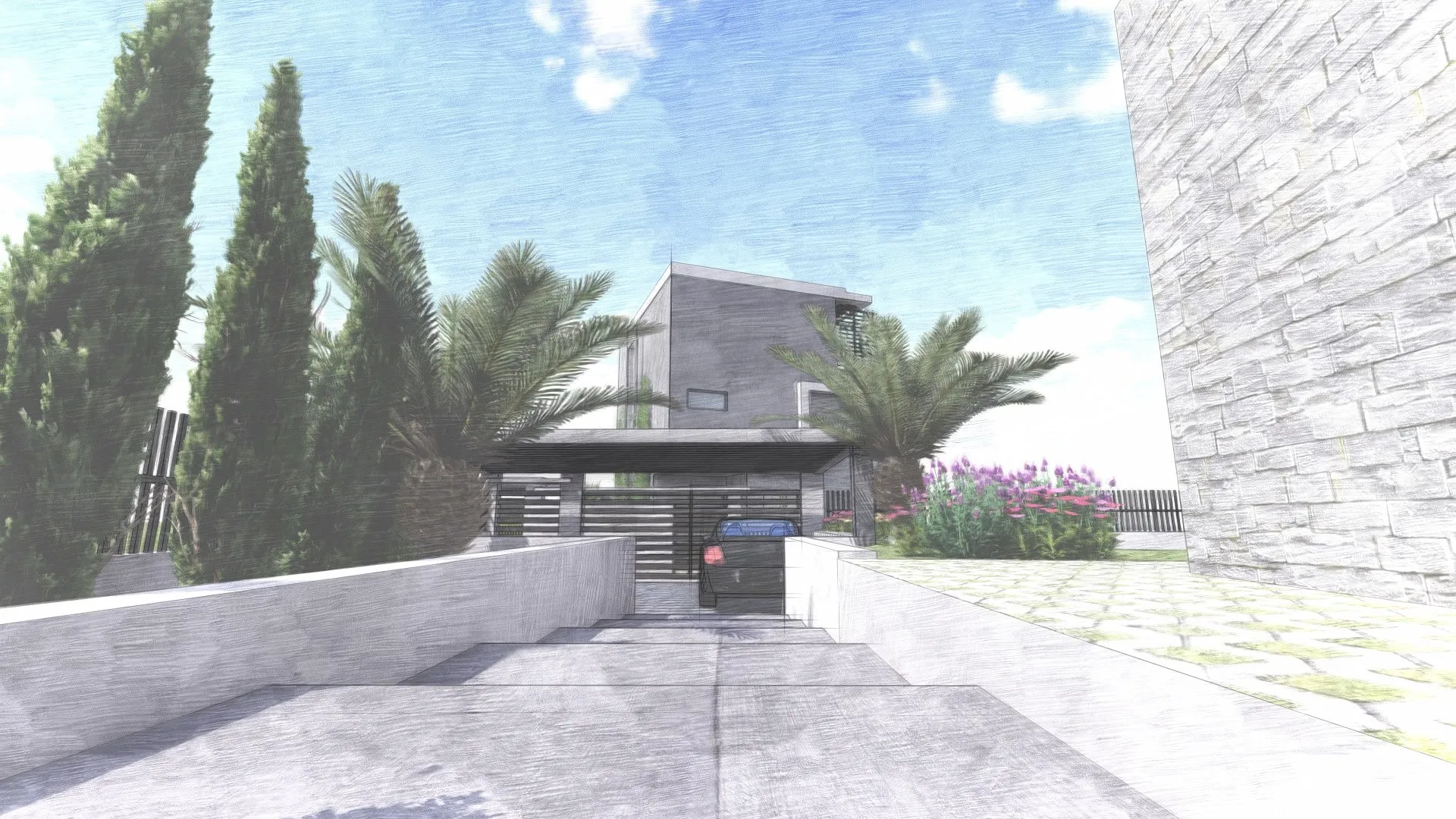 Visualisierung einer modernen Villa mit Parkplatz und Garten in Tivat, Montenegro: Architekturprojekt eines Privathauses.