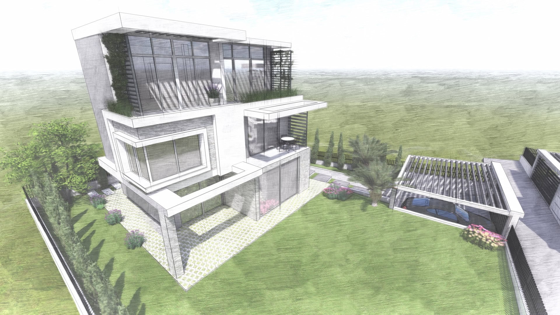 3D-Visualisierung einer modernen Villa mit Panoramafenstern und Carport in Tivat, Montenegro.