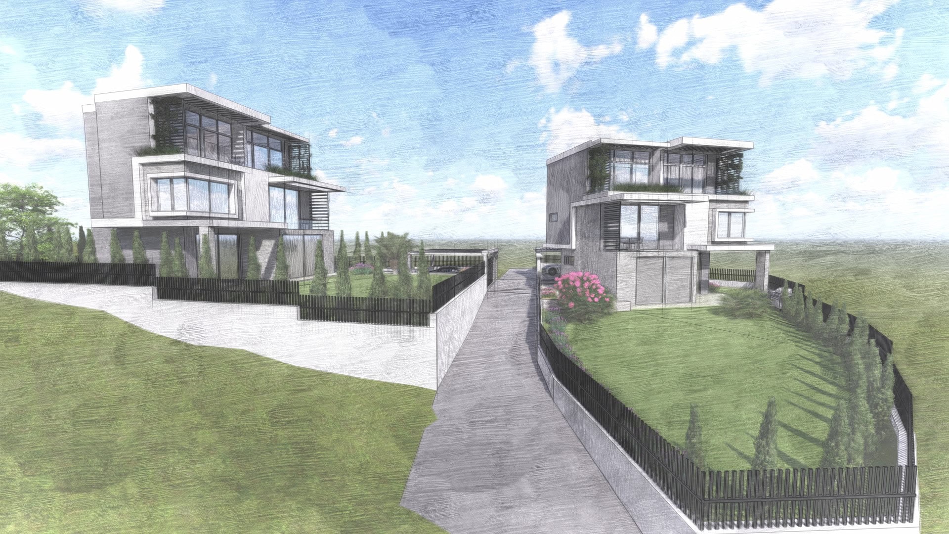 Visualisierung moderner Villen mit Panoramafenstern und Landschaftsgestaltung in Tivat, Montenegro. Luxusimmobilienprojekt.
