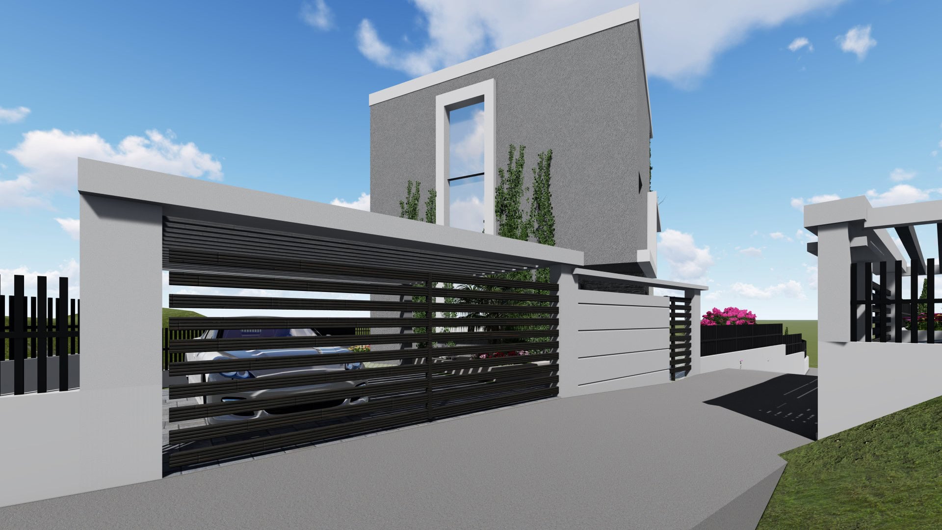 Moderne Villa in Tivat, Montenegro: Fassade mit Panoramafenster, stilvoller Zaun und überdachter Stellplatz für ein Auto.