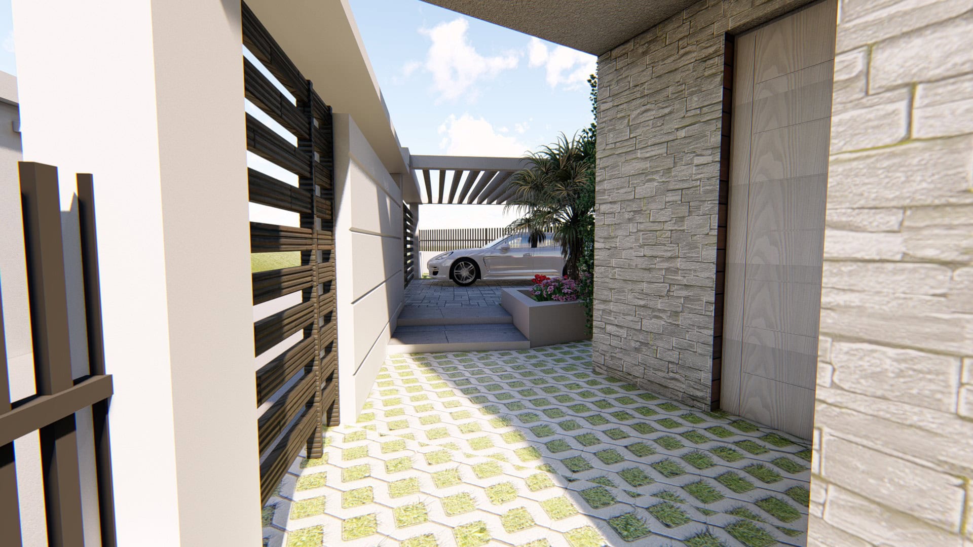 Moderne Villa in Tivat, Montenegro: privater Parkplatz mit Überdachung, Steinfassade und Landschaftsgestaltung.