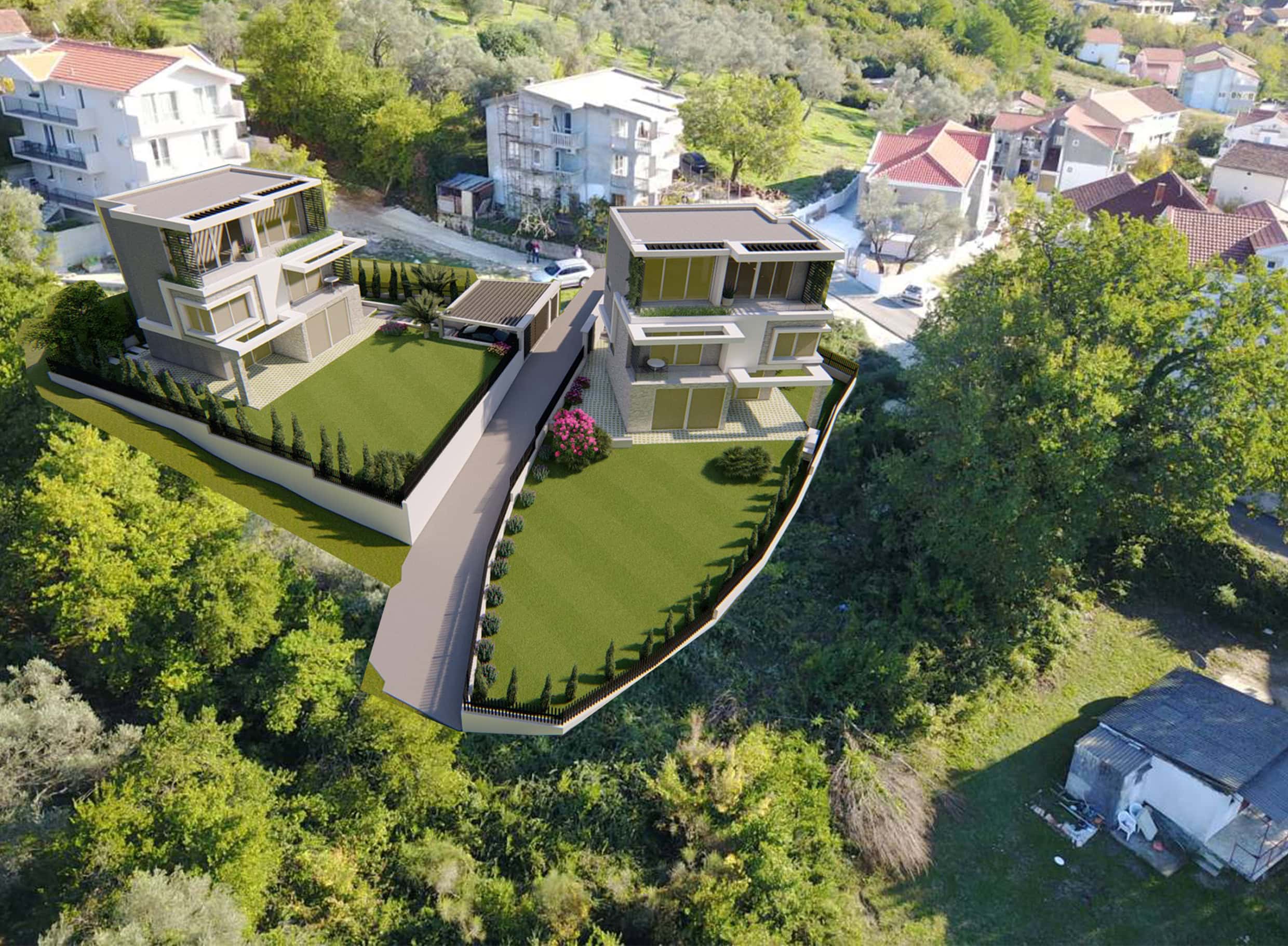 Draufsicht auf moderne Villen mit Terrassen und privatem Garten in Tivat, Montenegro. Luxusimmobilienprojekt.