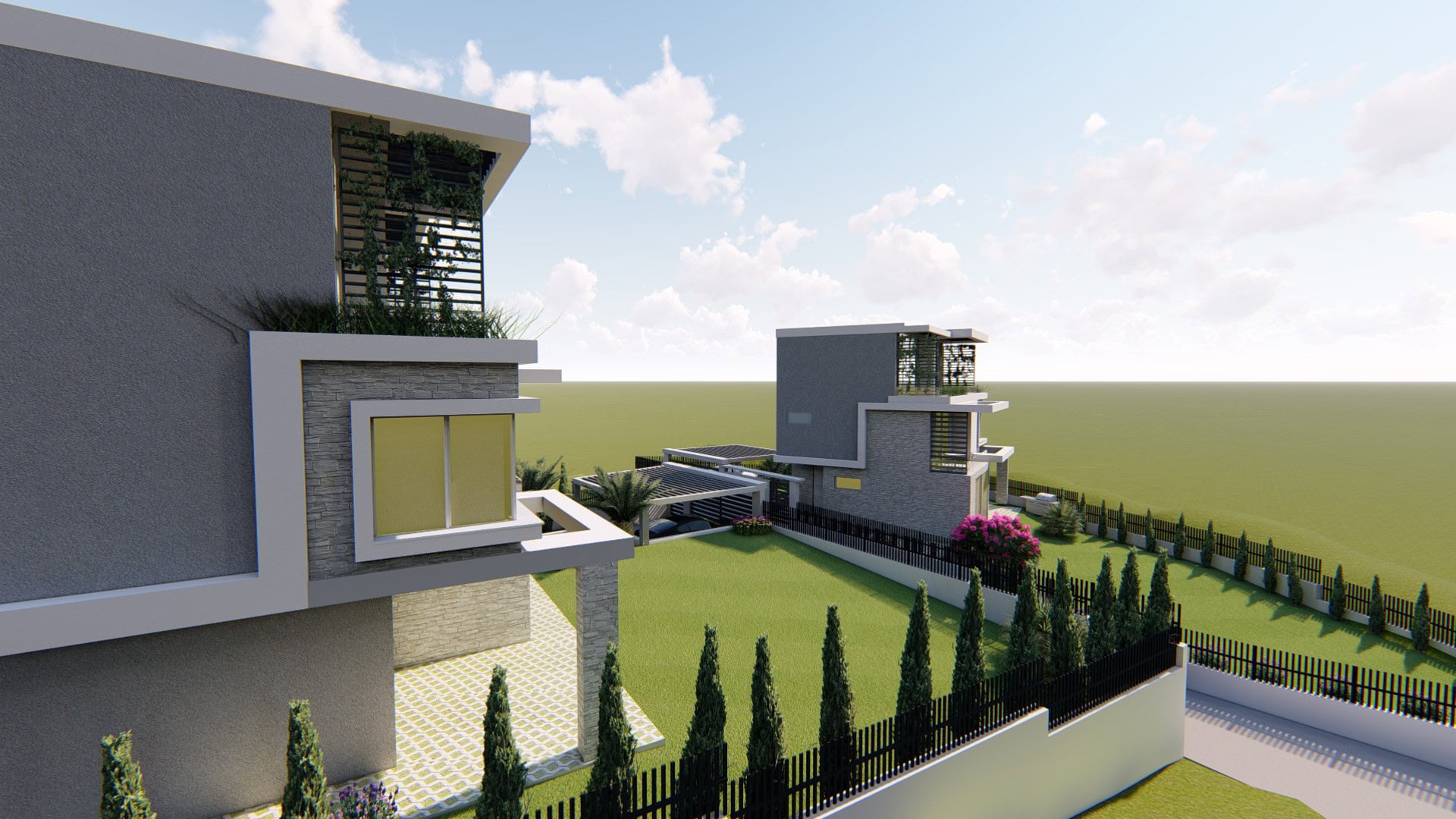 Moderne Villen in Tivat, Montenegro: Projekt mit Steinfassade, Terrassen, Garten und Parkplatz auf dem Grundstück.