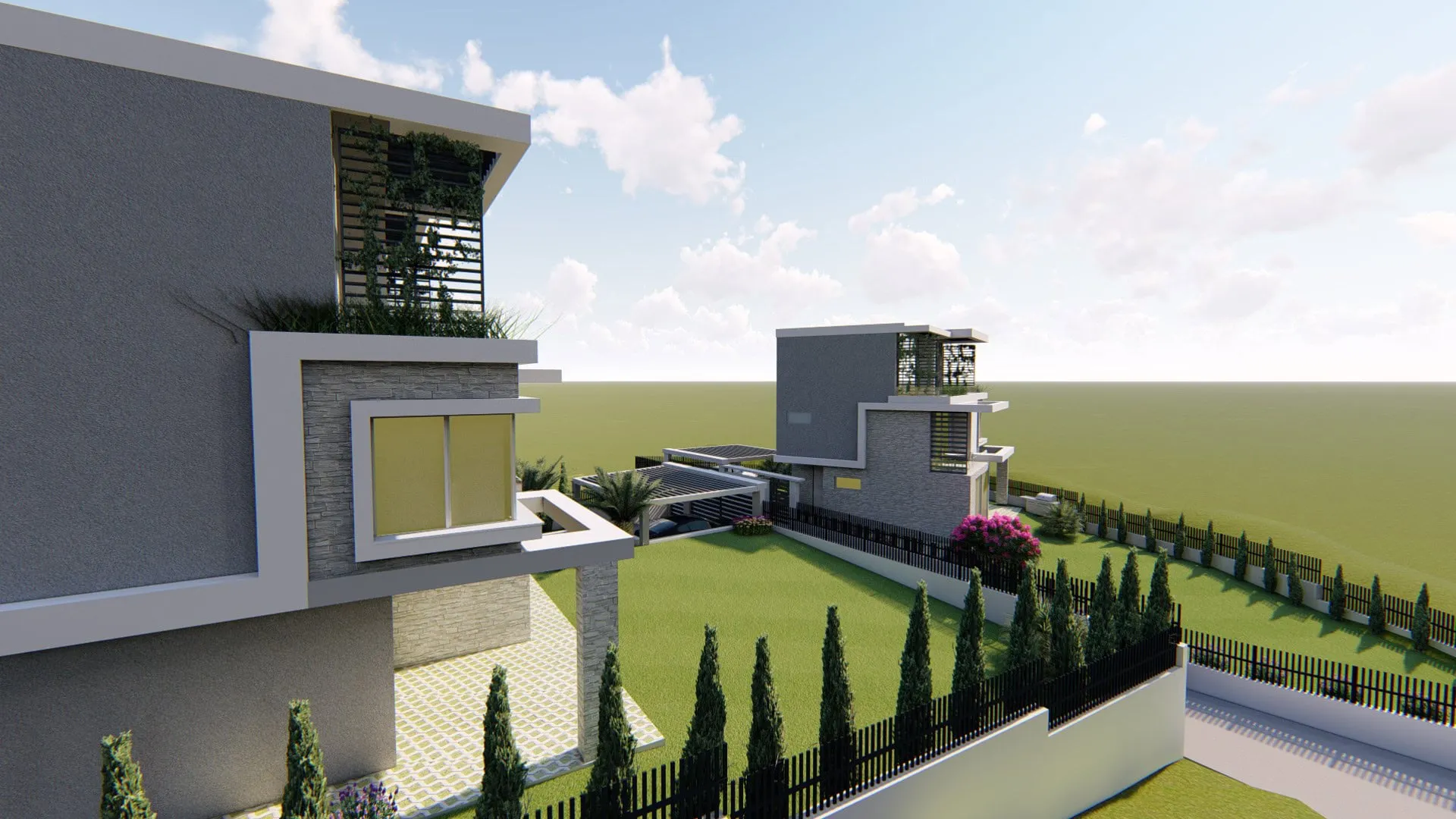 Moderne Villen in Tivat, Montenegro: Projekt mit Steinfassade, Terrassen, Garten und Parkplatz auf dem Grundstück.