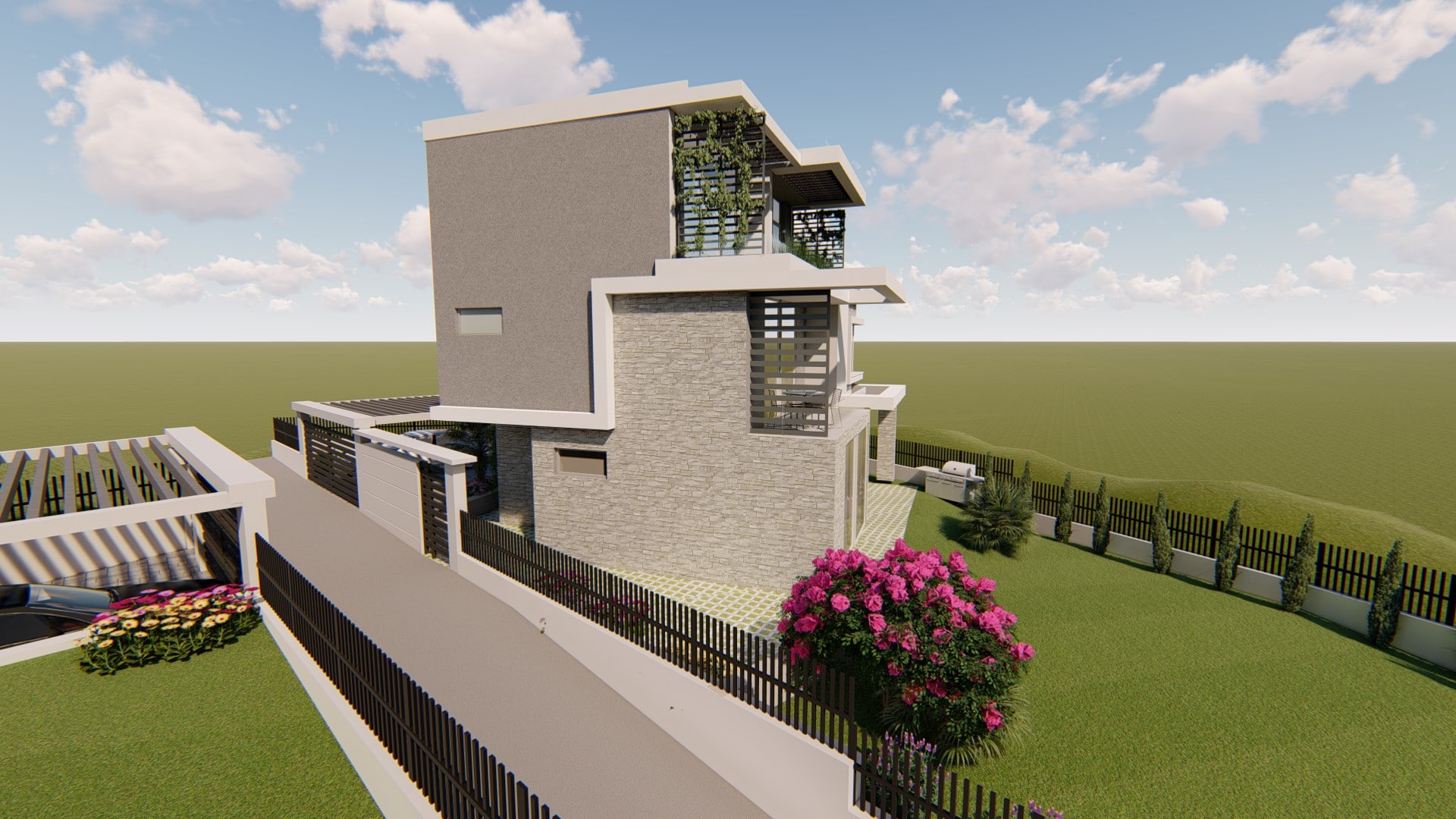 Moderne Villa in Tivat, Montenegro: 3D-Visualisierung eines Hauses mit Steinfassade, Terrassen und angelegtem Garten.