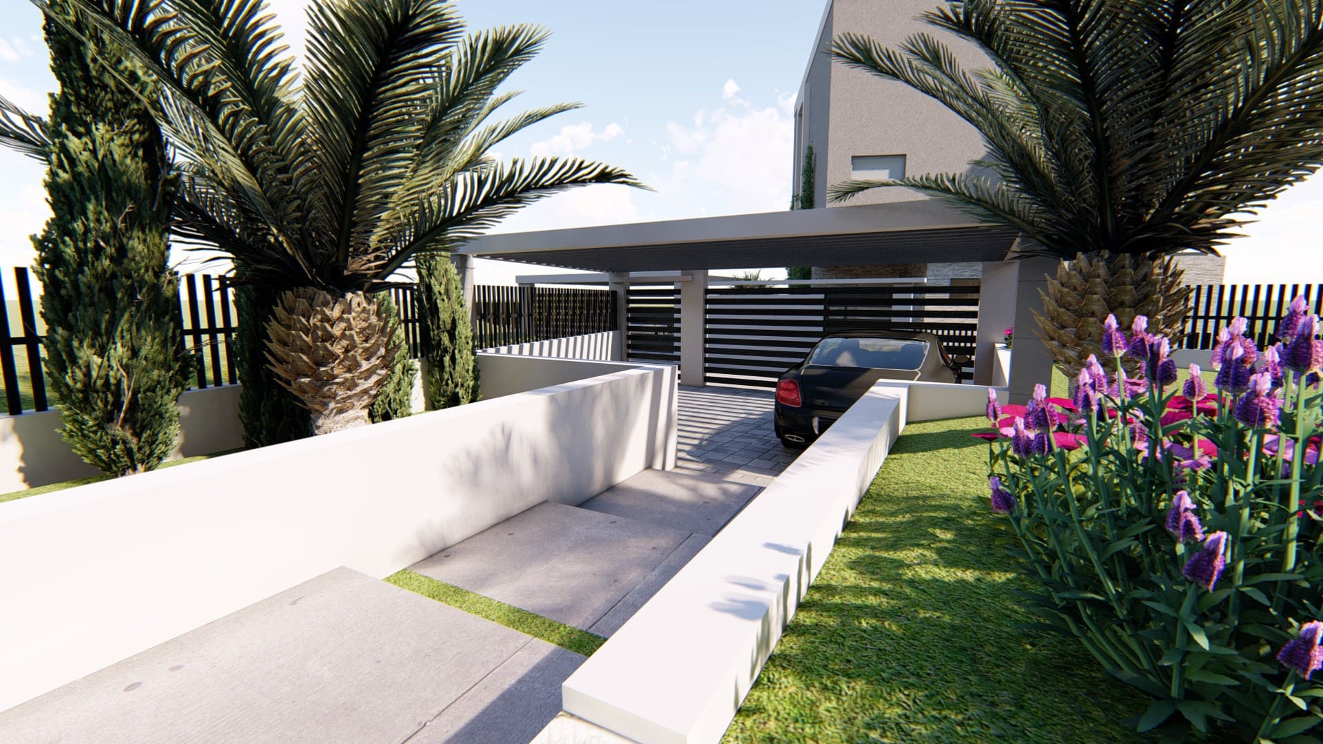 Moderne Villa in Tivat, Montenegro: privater Parkplatz mit Carport, Landschaftsgestaltung mit Palmen und Blumen.