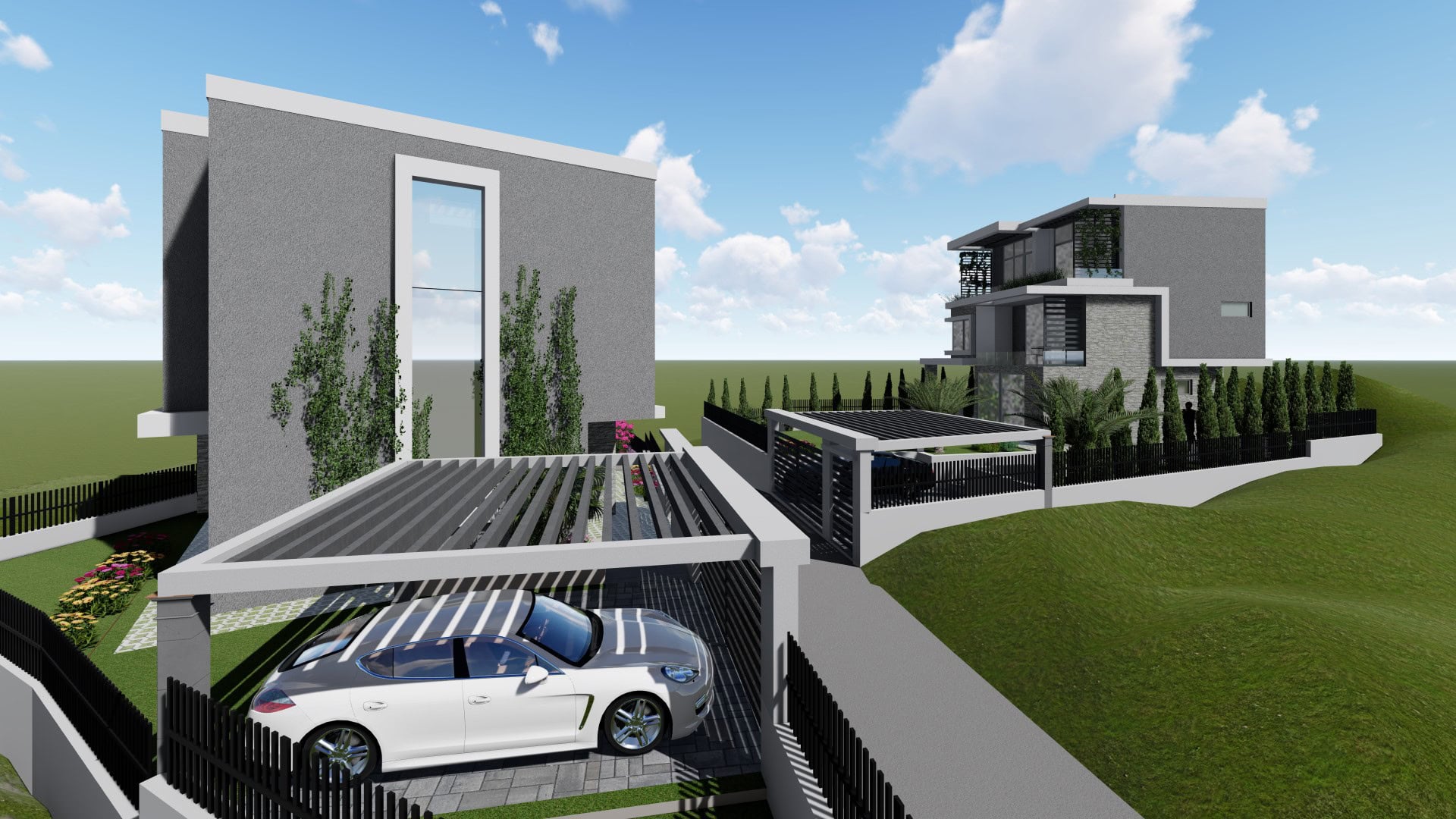 Moderne Villa in Tivat, Montenegro: 3D-Visualisierung des Außenbereichs mit Carport und Landschaftsgestaltung.
