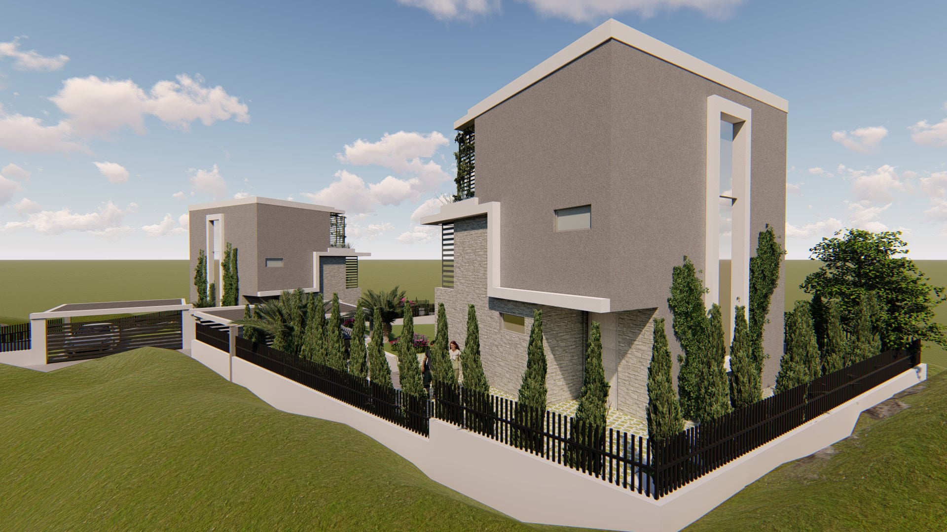 Moderne Villen in Tivat, Montenegro: Projekt mit Steinfassade, Landschaftsgestaltung und eingezäuntem Grundstück.