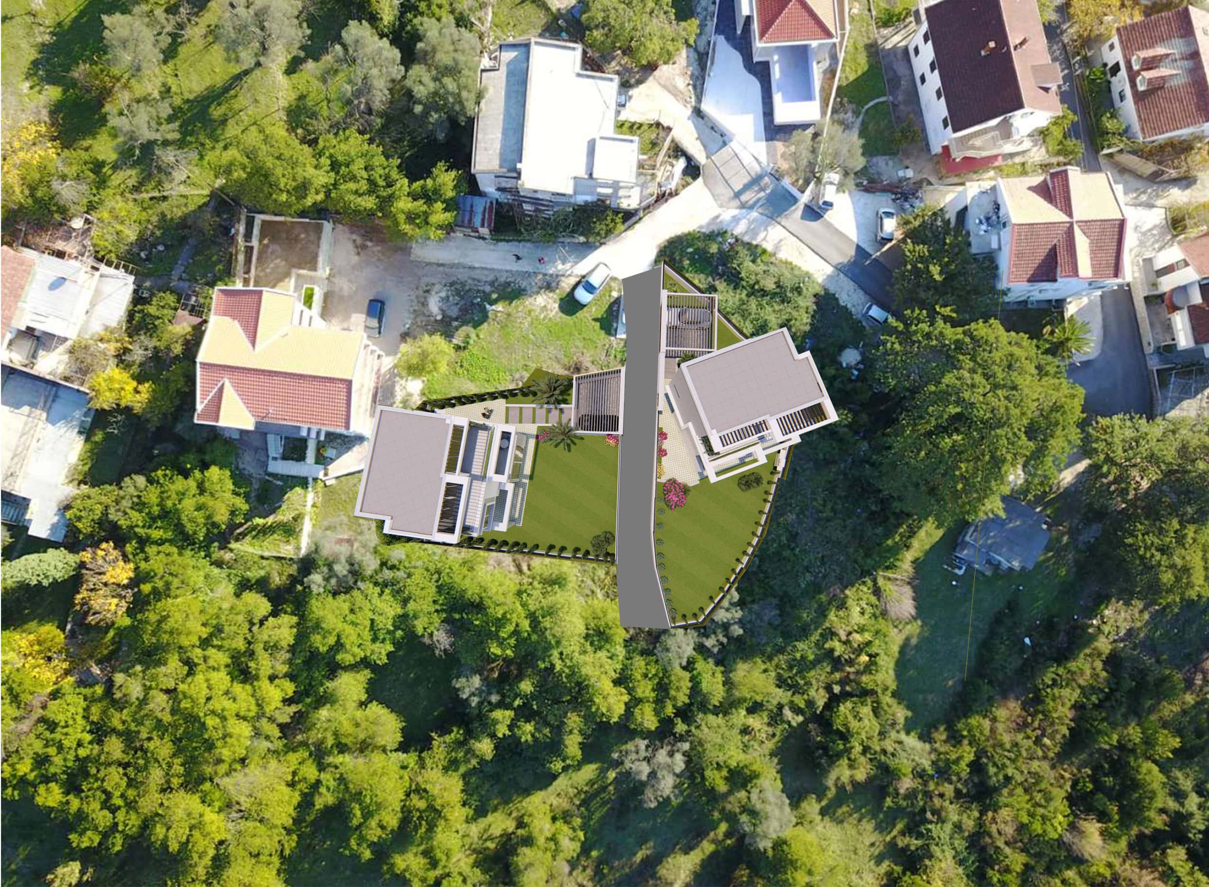 Draufsicht auf ein Projekt moderner Villen mit angelegtem Gelände in Tivat, Montenegro.