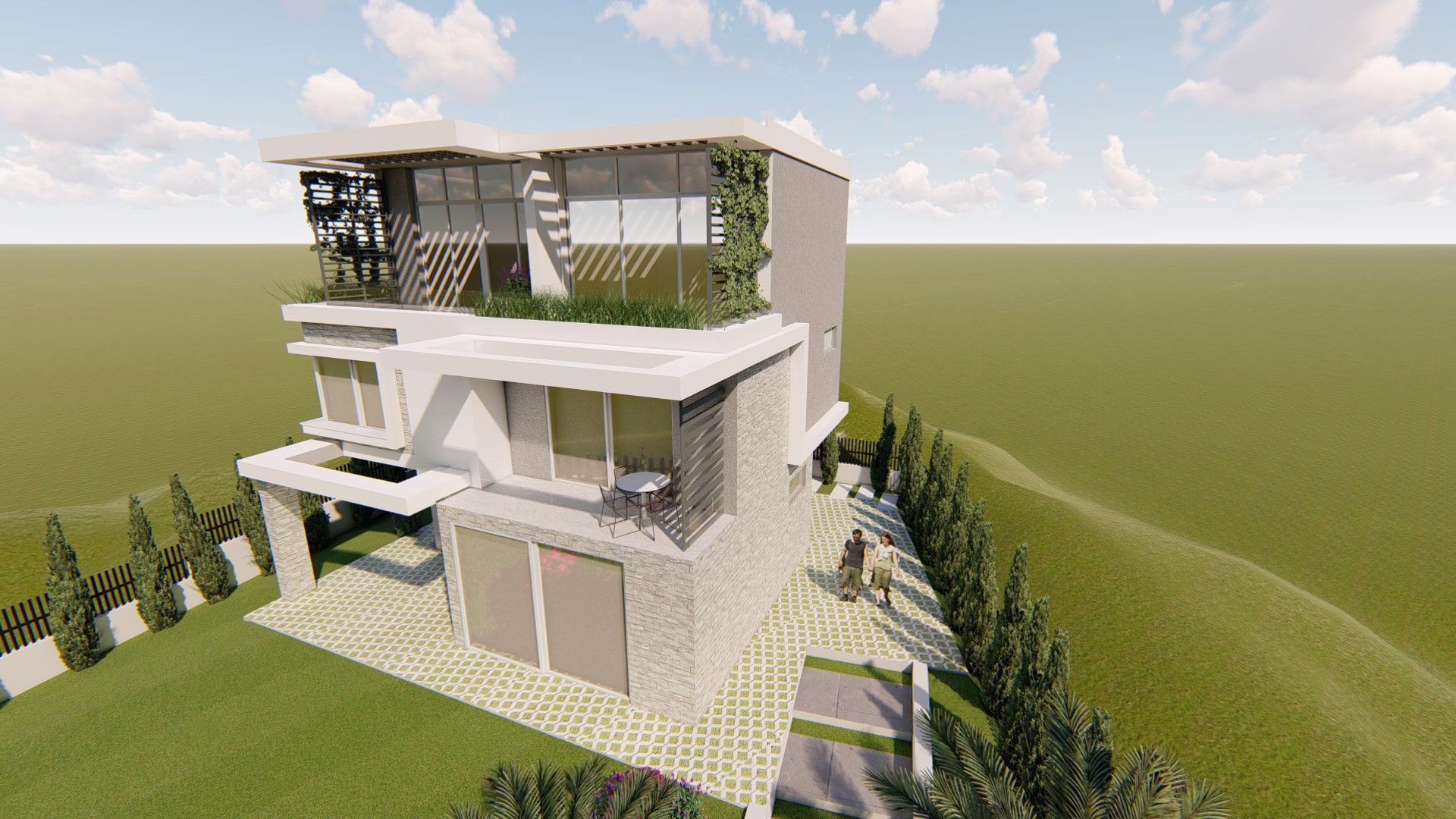 Moderne dreistöckige Villa in Tivat, Montenegro: Panoramafenster, begrünte Terrassen und ein gepflegtes Grundstück.