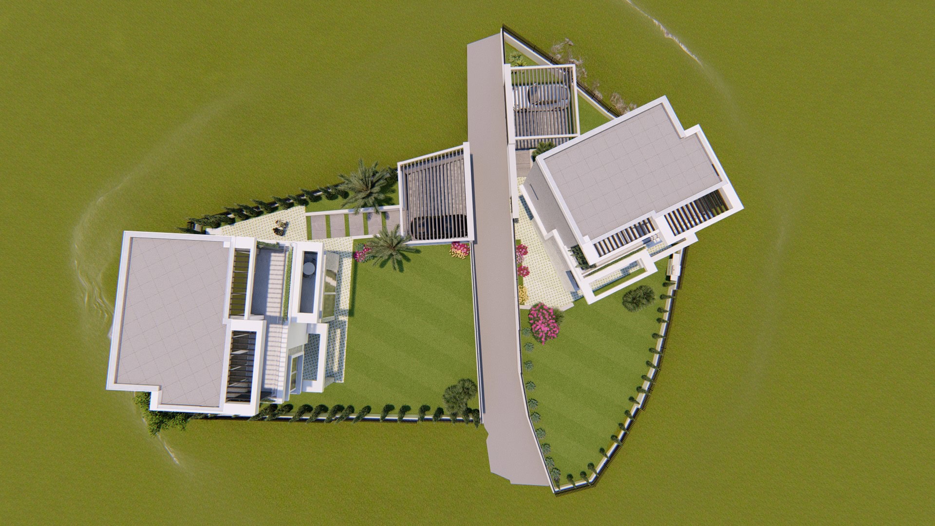 Draufsicht auf moderne Villen in Tivat, Montenegro: Projekt mit angelegtem Grundstück und Parkplatz.