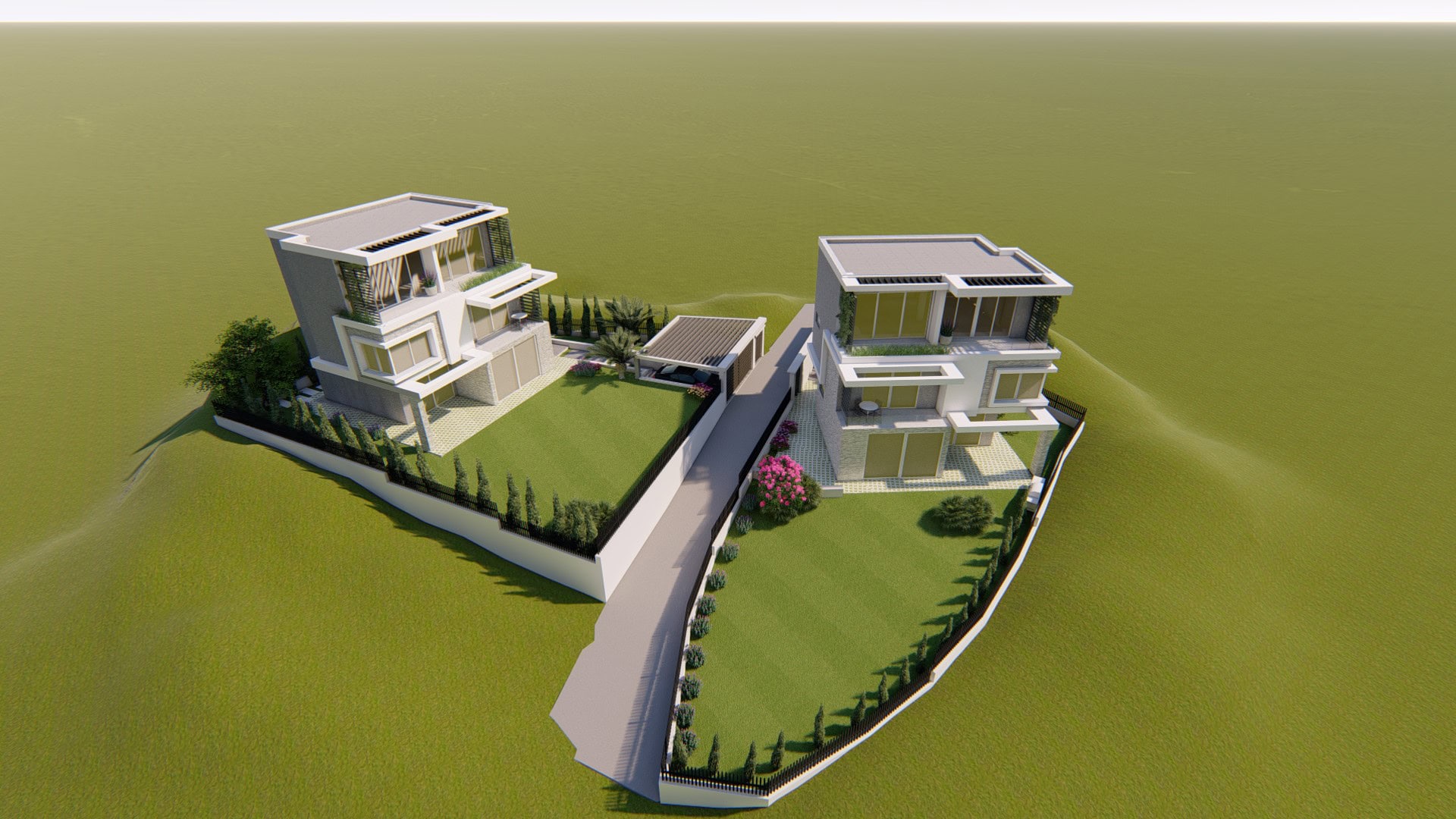 Visualisierung zweier moderner Villen mit Terrassen und Garten in Tivat, Montenegro. Luxusimmobilienprojekt mit Parkplätzen.