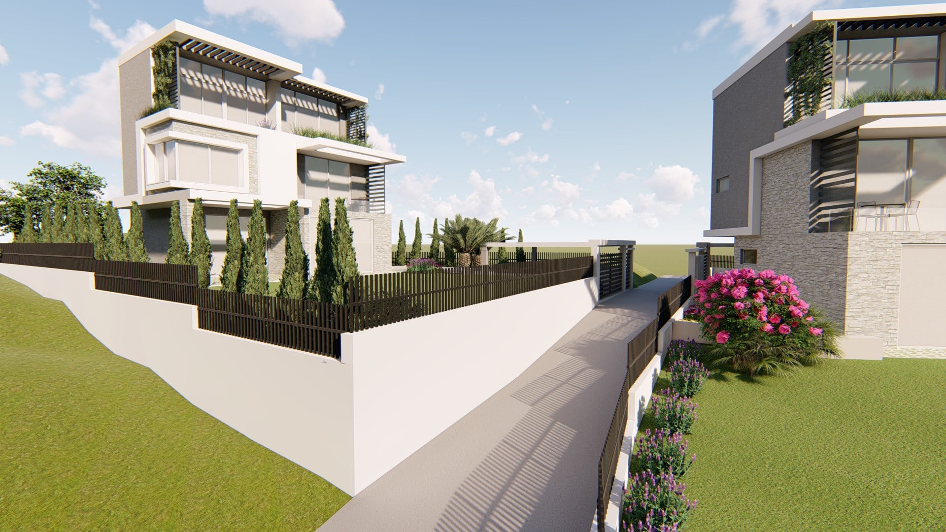 Moderne Villa in Tivat, Montenegro: Fassade mit Steinverkleidung, Panoramafenster, Terrassen und Landschaftsgestaltung.