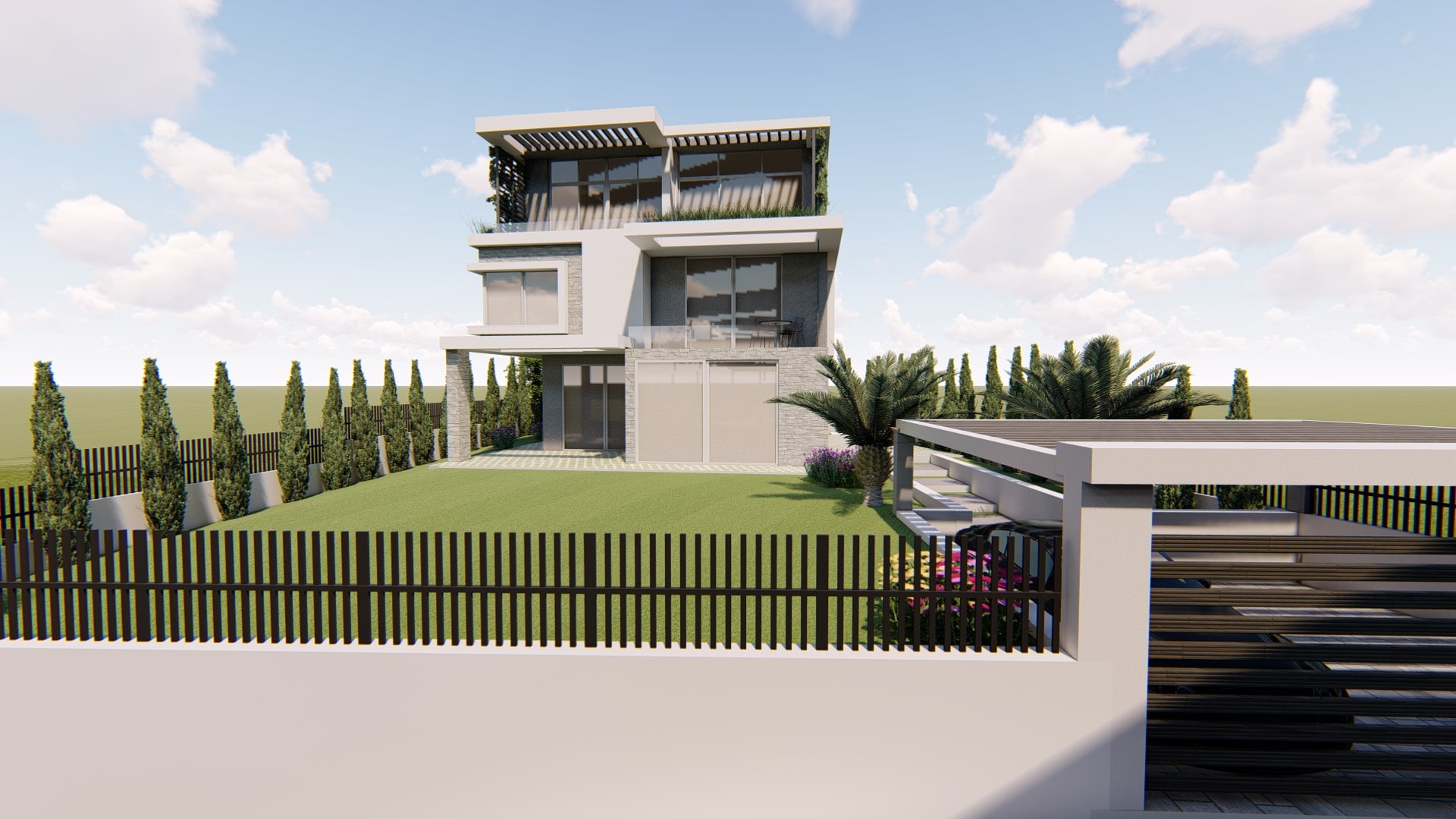 Moderne dreistöckige Villa mit Terrassen und Garten in Tivat, Montenegro. Hausentwurf mit Panoramaverglasung.