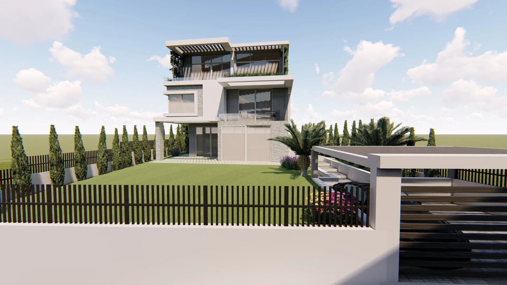 Moderne dreistöckige Villa mit Terrassen und Garten in Tivat, Montenegro. Hausentwurf mit Panoramaverglasung.