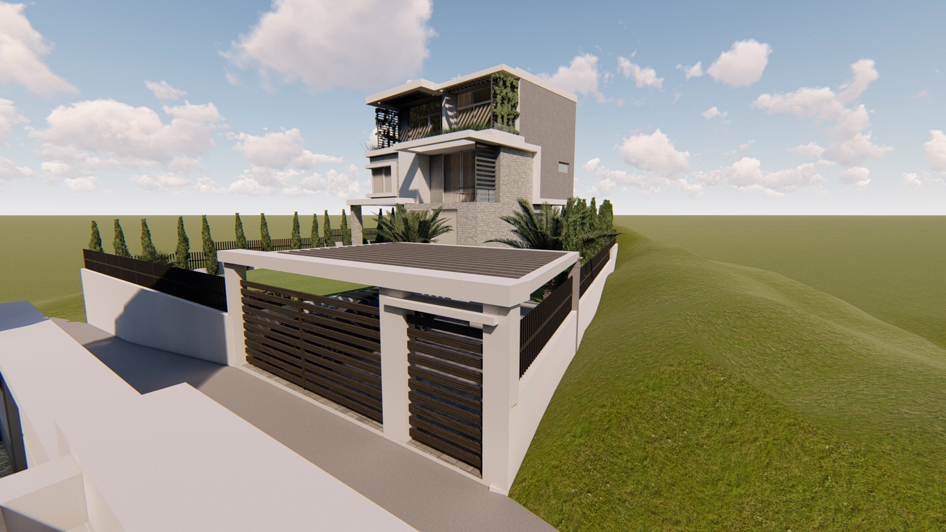Moderne dreistöckige Villa in Tivat, Montenegro: Projekt mit Terrassen, Landschaftsgestaltung und Parkplatz.