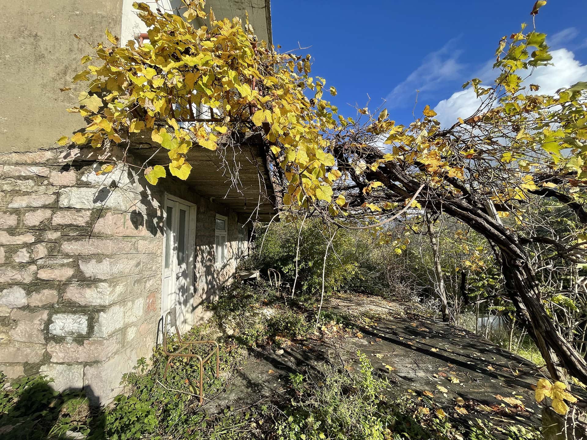 Maison en pierre avec terrasse et vignoble sur le terrain à Kamenari, Monténégro : vue sur la façade et les abords de la maison.