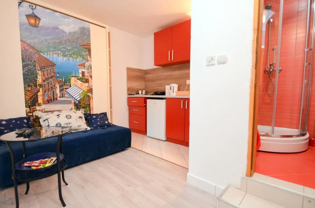 Interior of a living room with kitchen and shower in a house, Kotor, Montenegro: blue sofa, red furniture, and photo wallpaper on the wall.